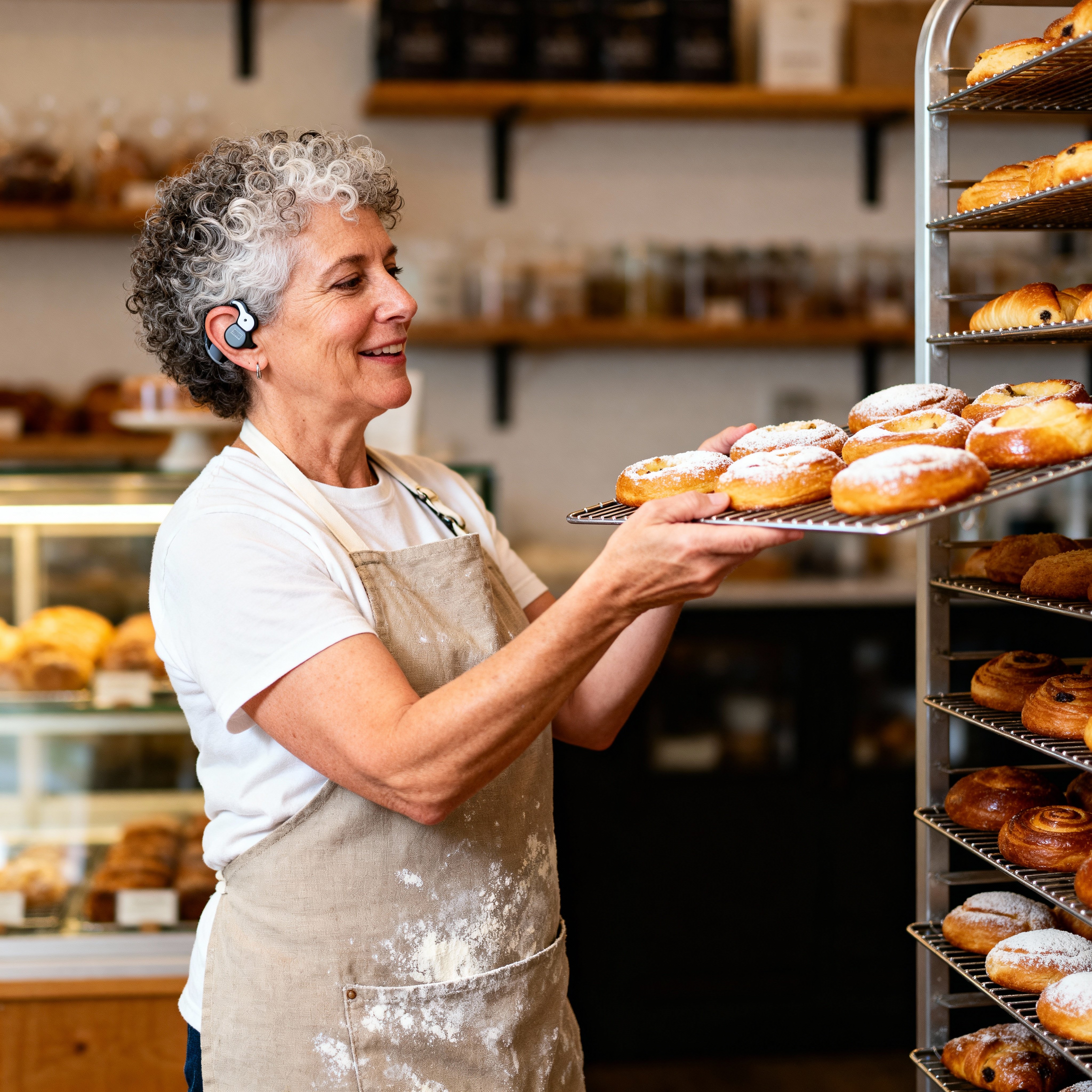 Ruth Carter, 52, a Deaf bakery owner in Asheville, lifts a cooling rack of golden pastries in warm amber light, wearing a flour-white linen apron and salt-and-pepper curls with her cochlear implant visible against oak-brown shelves and a软te