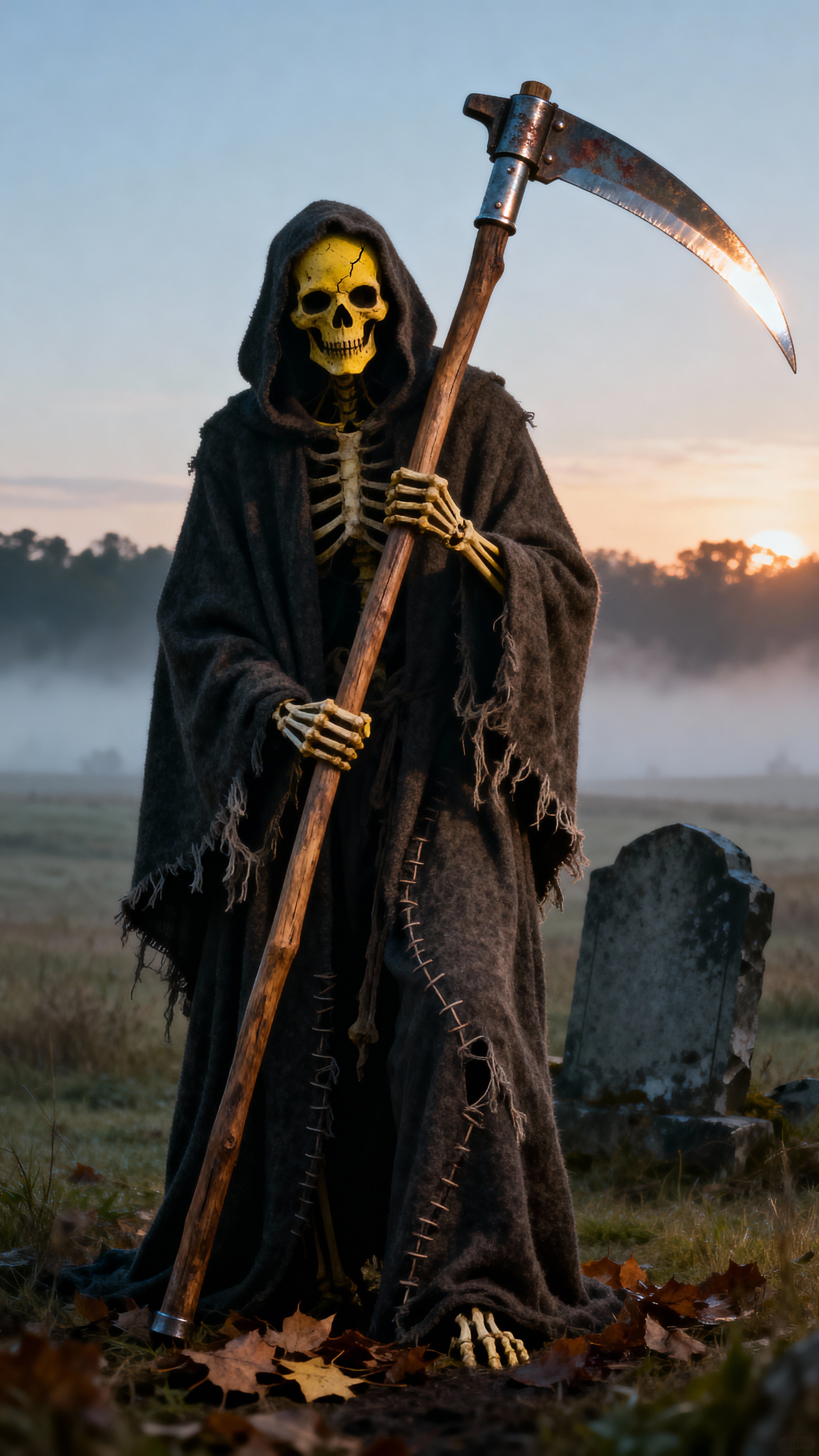 Full-body Death in a black cloak points at the viewer with a long-handled scythe and intense gaze against a misty dawn, ultra-realistic cinematic portrait for poster use.