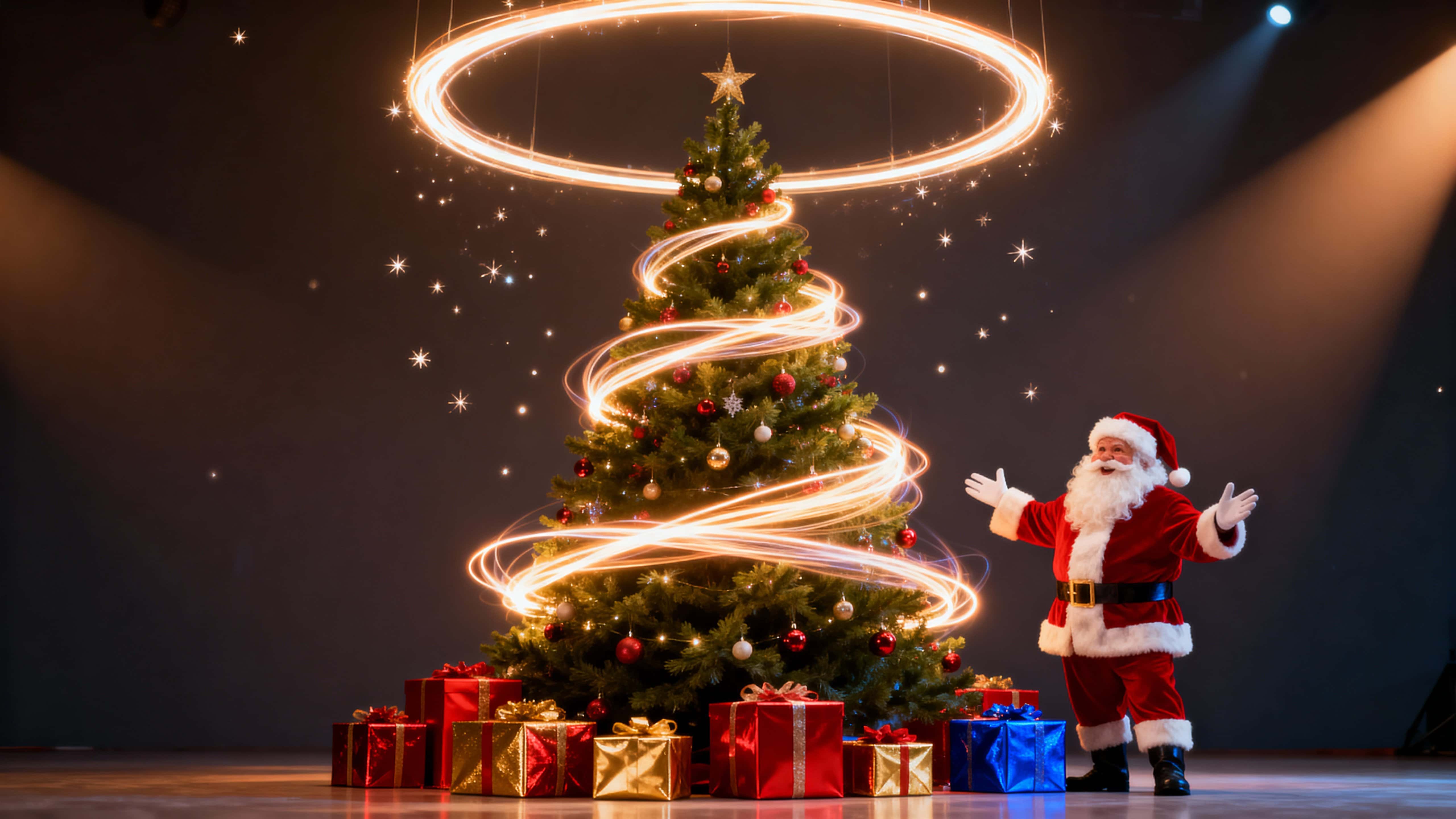 A fully decorated Christmas tree wrapped in a luminous ribbon and encircled by a glowing frame, with red, gold and blue presents at the base and a joyful Santa nearby, tiny sparkles and warm tones.