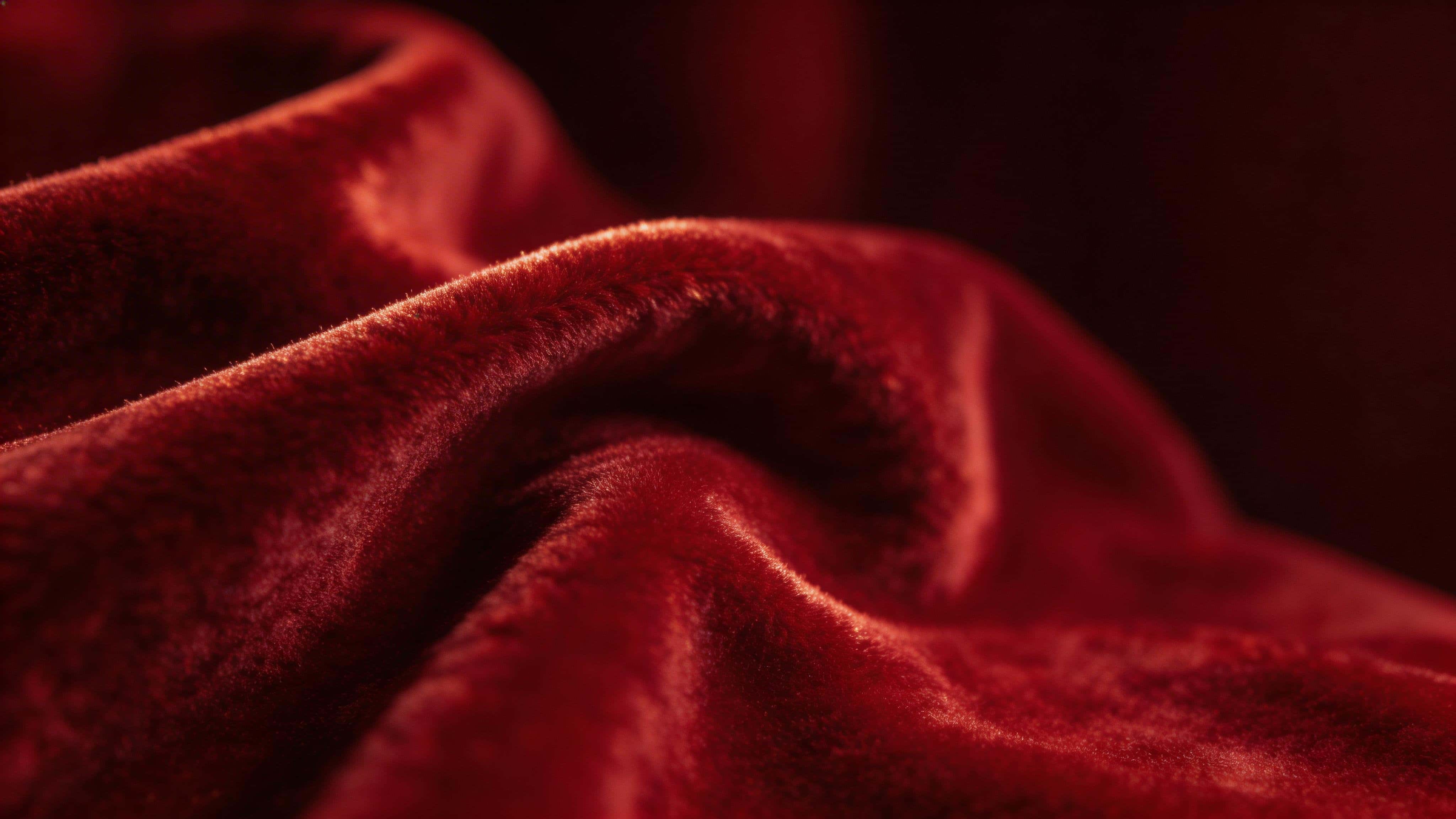 Macro 16:9 widescreen frame of deep red velvet fabric folds with soft directional light grazing the ridges, emphasizing tactile texture, gentle specular rolloff, and uncluttered dark negative space.