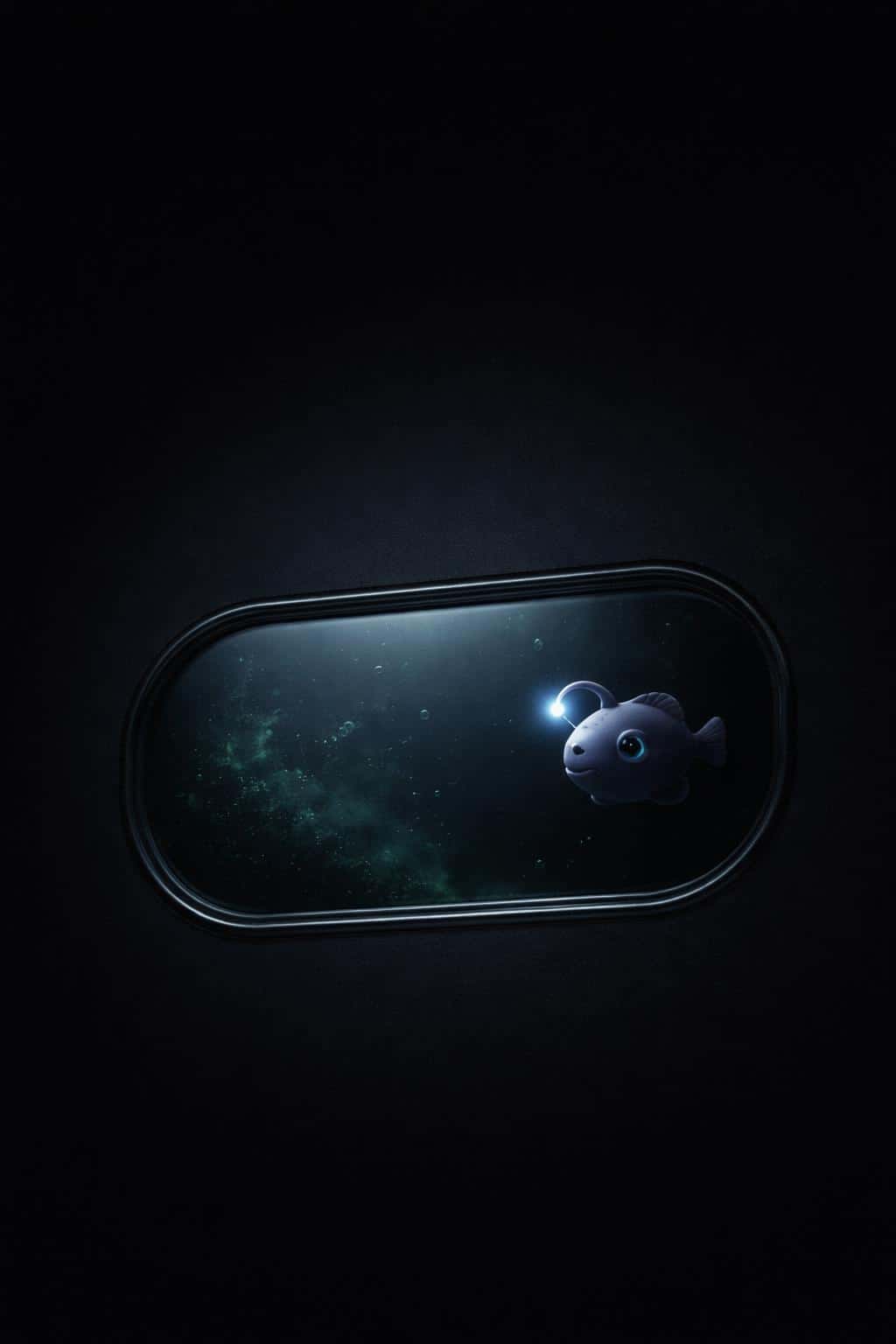 Portrait 2:3 minimal scene with a near-black background and a rounded capsule window low-left revealing faint bioluminescent algae, slow bubbles and a softly glowing 3D deep-sea mascot, subtle glass moisture and soft vignette.