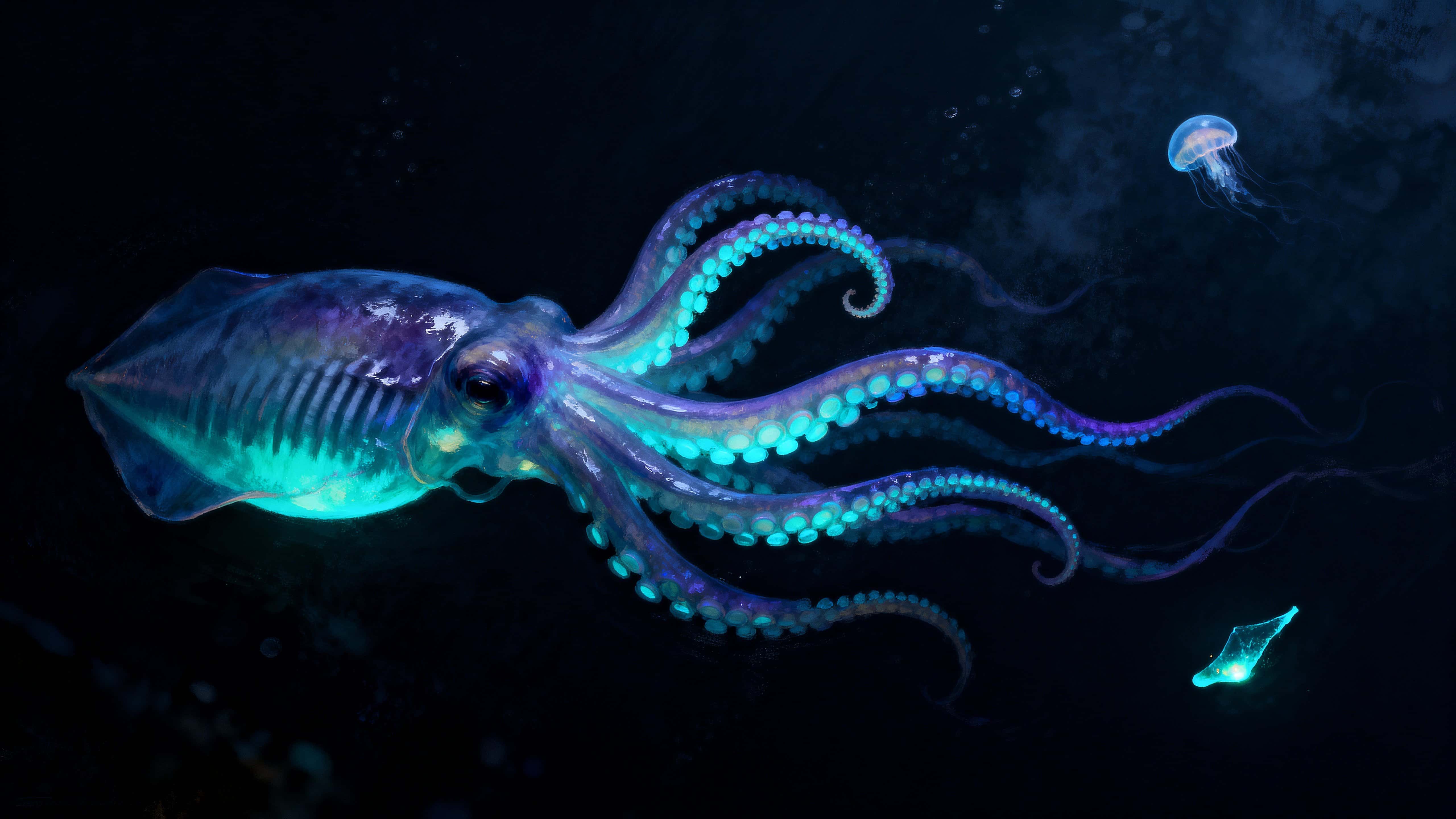 A solitary deep-sea creature floats in a black abyss, its bioluminescent tentacles unfurling in mysterious patterns to suggest life and silent motion beneath the waves.