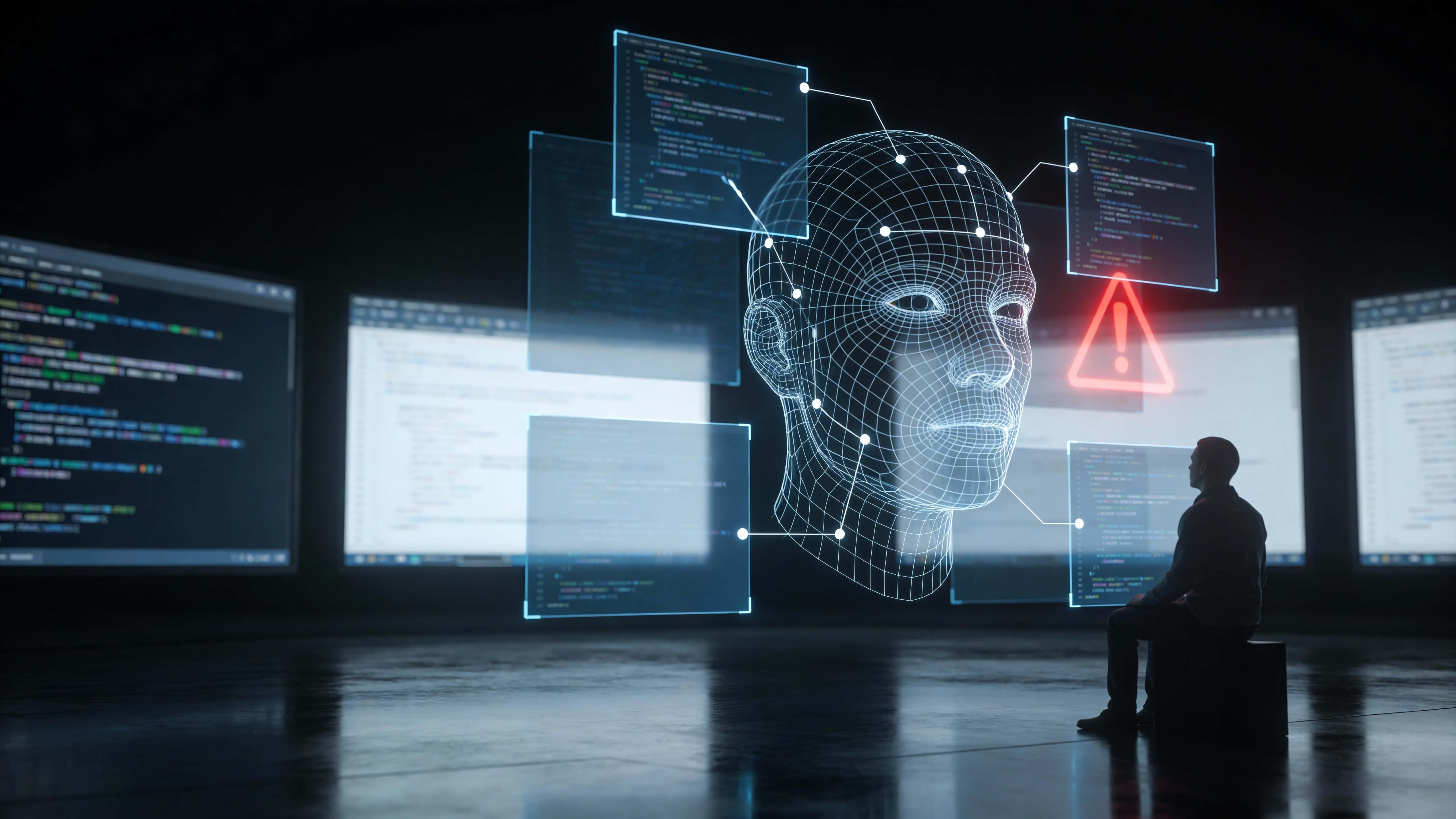 A 3D wireframe human face emerges from holographic panels with facial-recognition grids and tracking points, blurred code on background screens, and a bold red alert glowing center-right in a dark cool-toned scene.
