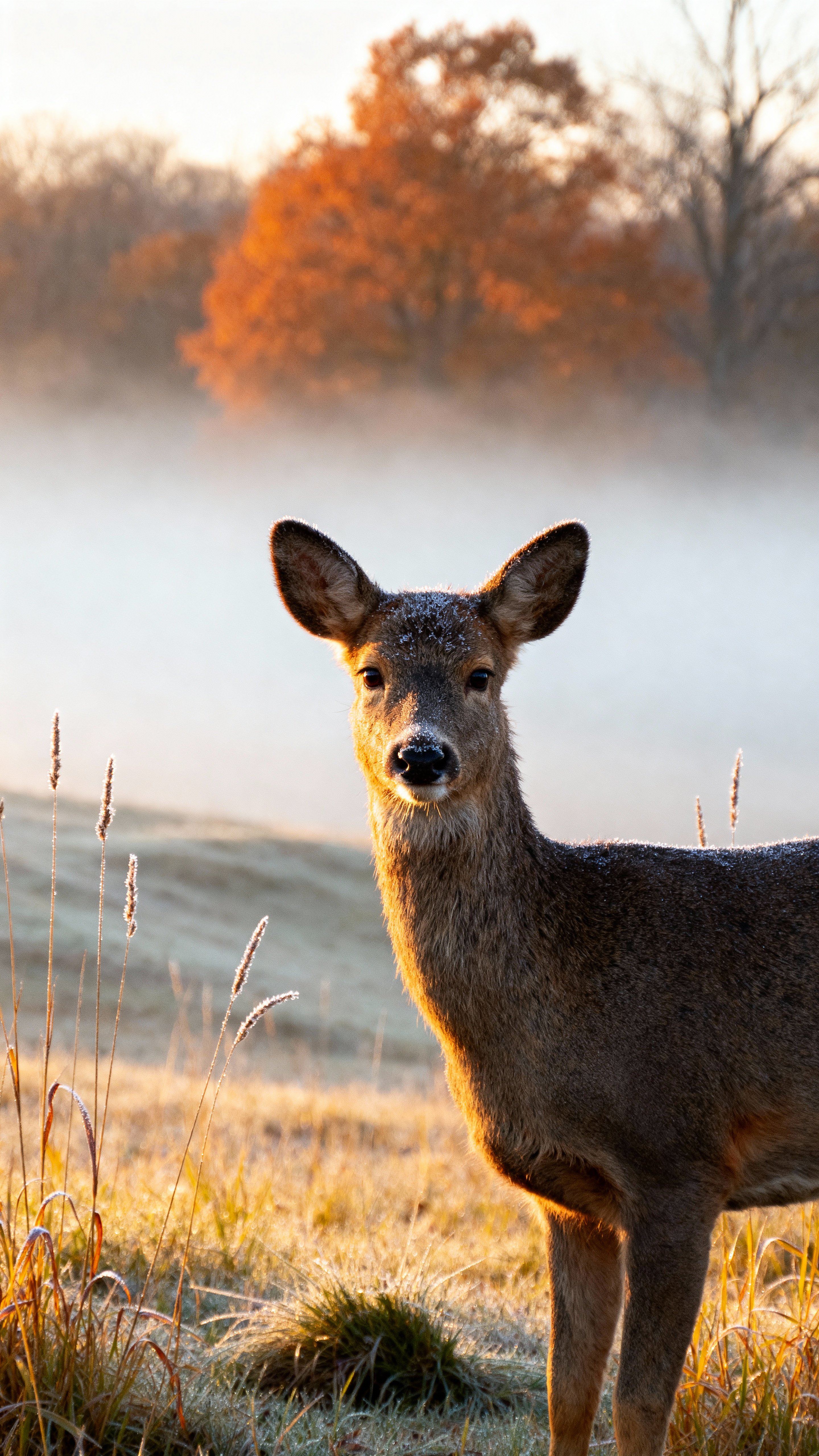 A lone deer stands in a misty autumn meadow at sunrise among tall golden grass and distant orange trees, slightly off-center and facing the viewer.