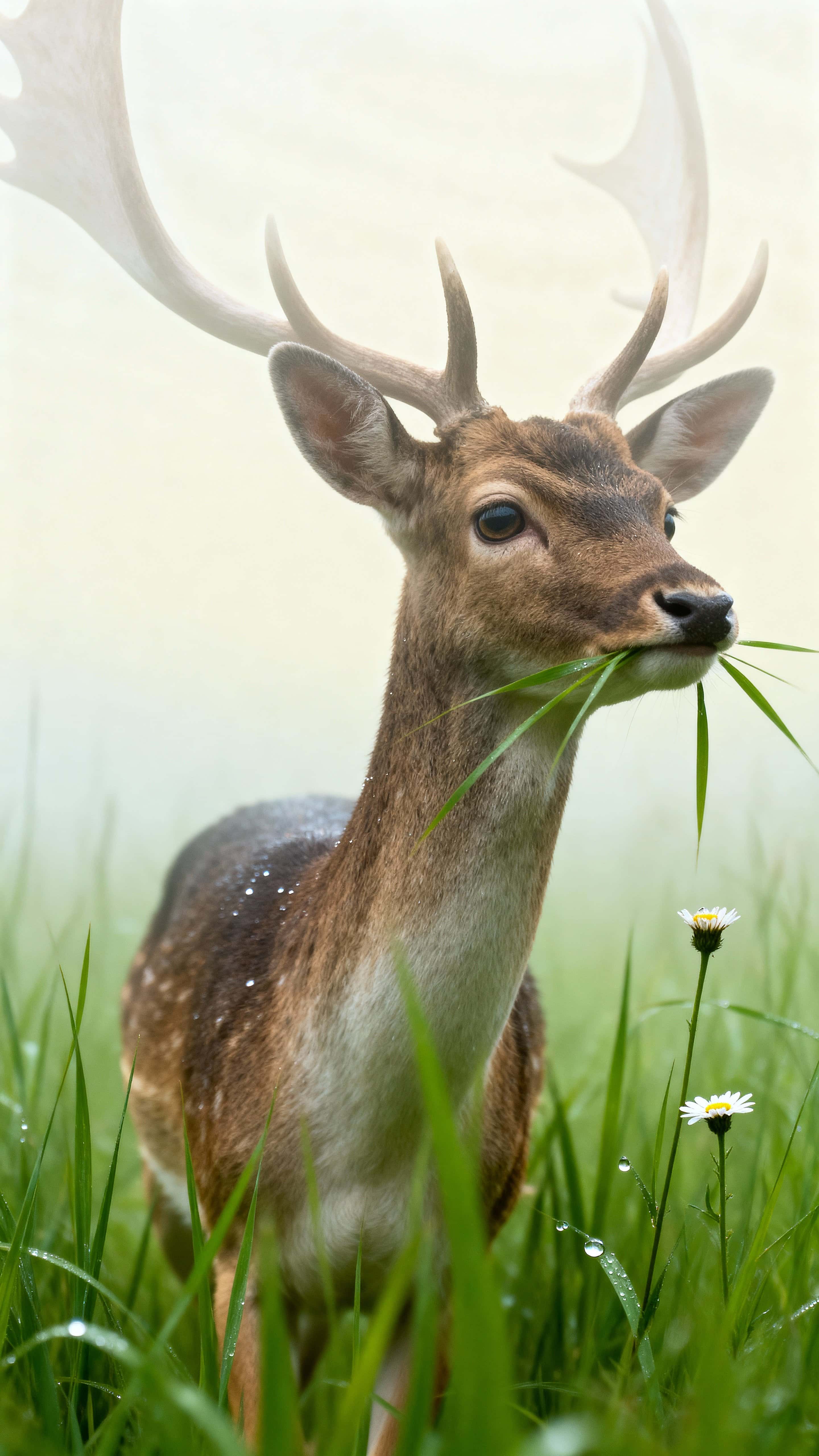 A graceful deer steps through tall green grass in a pale mist, soft verdant light pooling across fur and blades while a minimal, serene portrait fills a 9:16 frame.