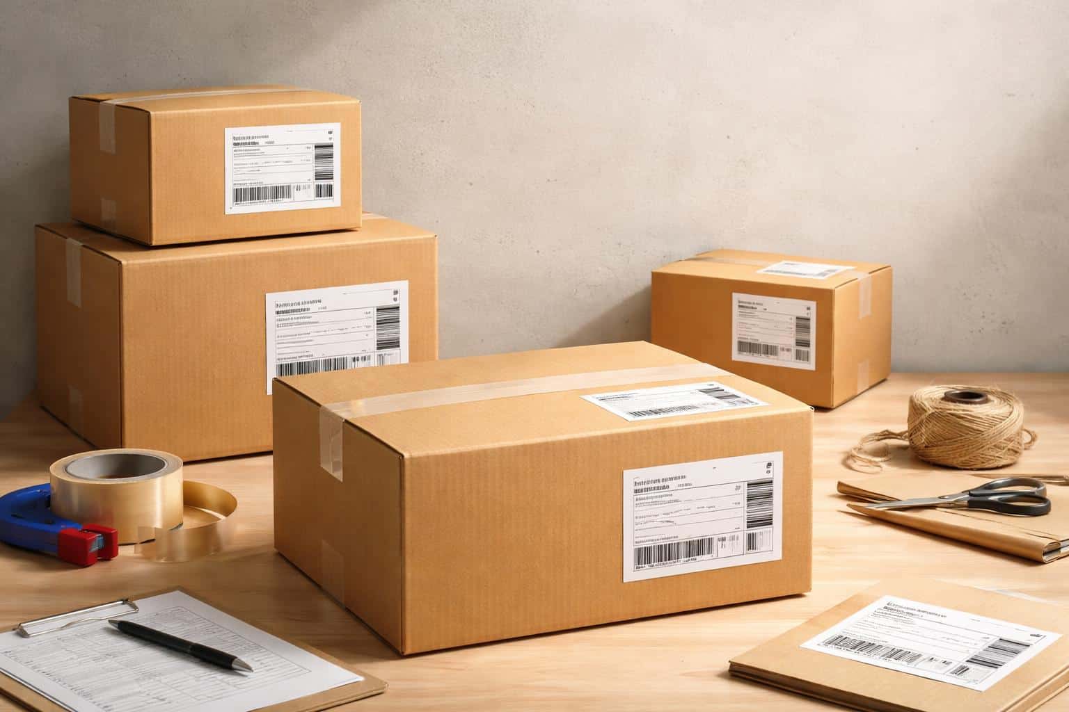 Staged delivery preparation area photographed as a product-style composition for poster-cover use, showing labeled cardboard boxes and packing details in a clean, organized scene.
