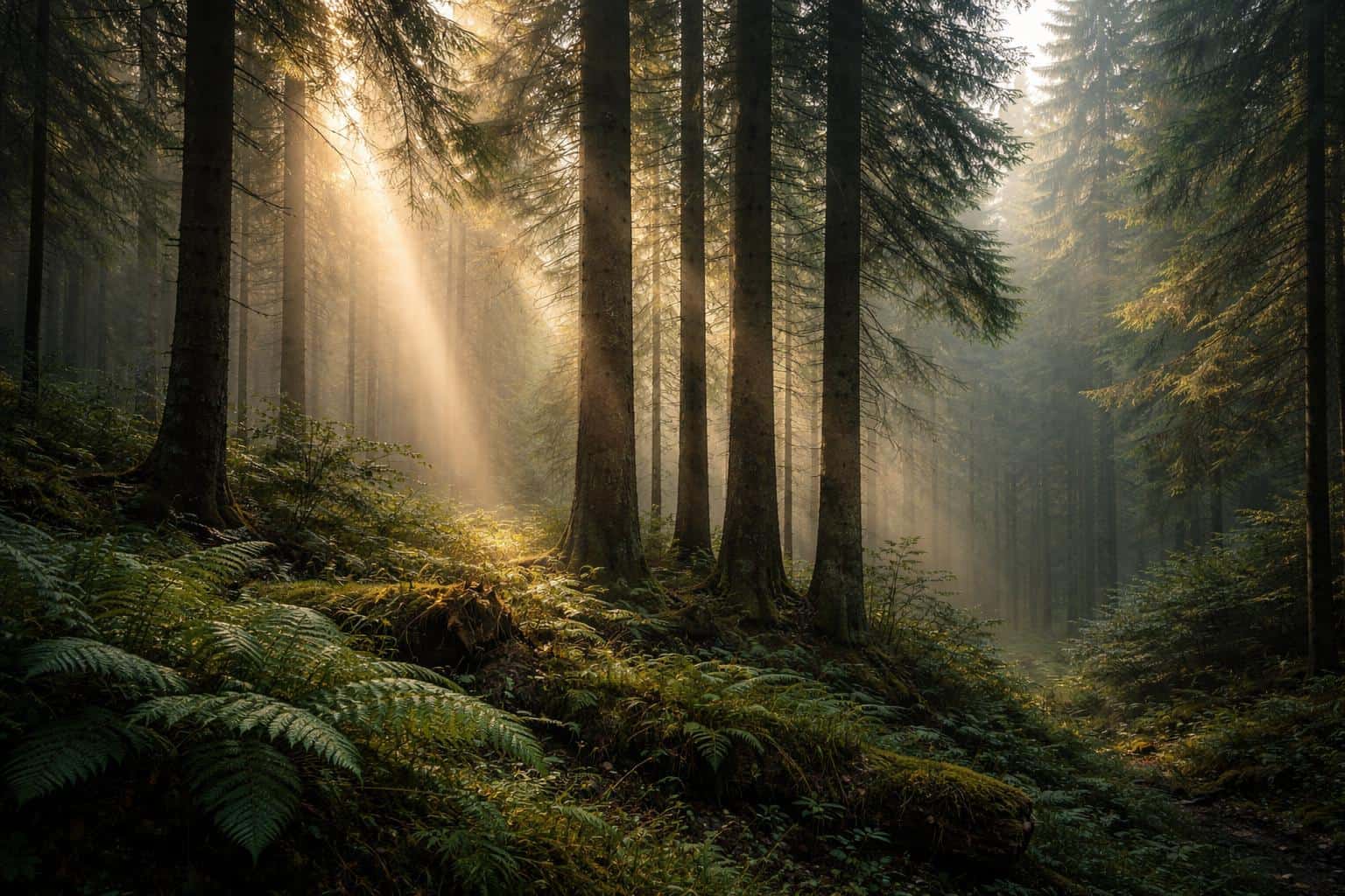 Dense forest captured in a 3:2 landscape format at morning with soft mist and sun rays piercing the canopy, layered depth, and a moody, serene atmosphere for wallpaper use.