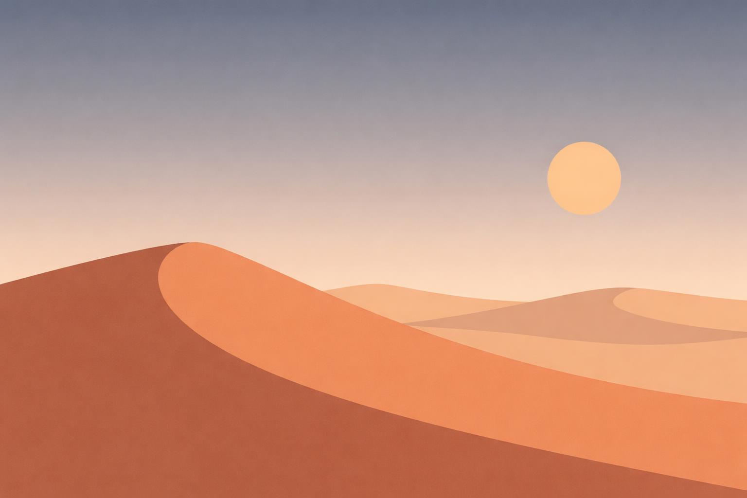 Minimal desert landscape vector illustration with smooth gradients, geometric dunes and a serene horizon, composed for a 3:2 wallpaper format with clean negative space.