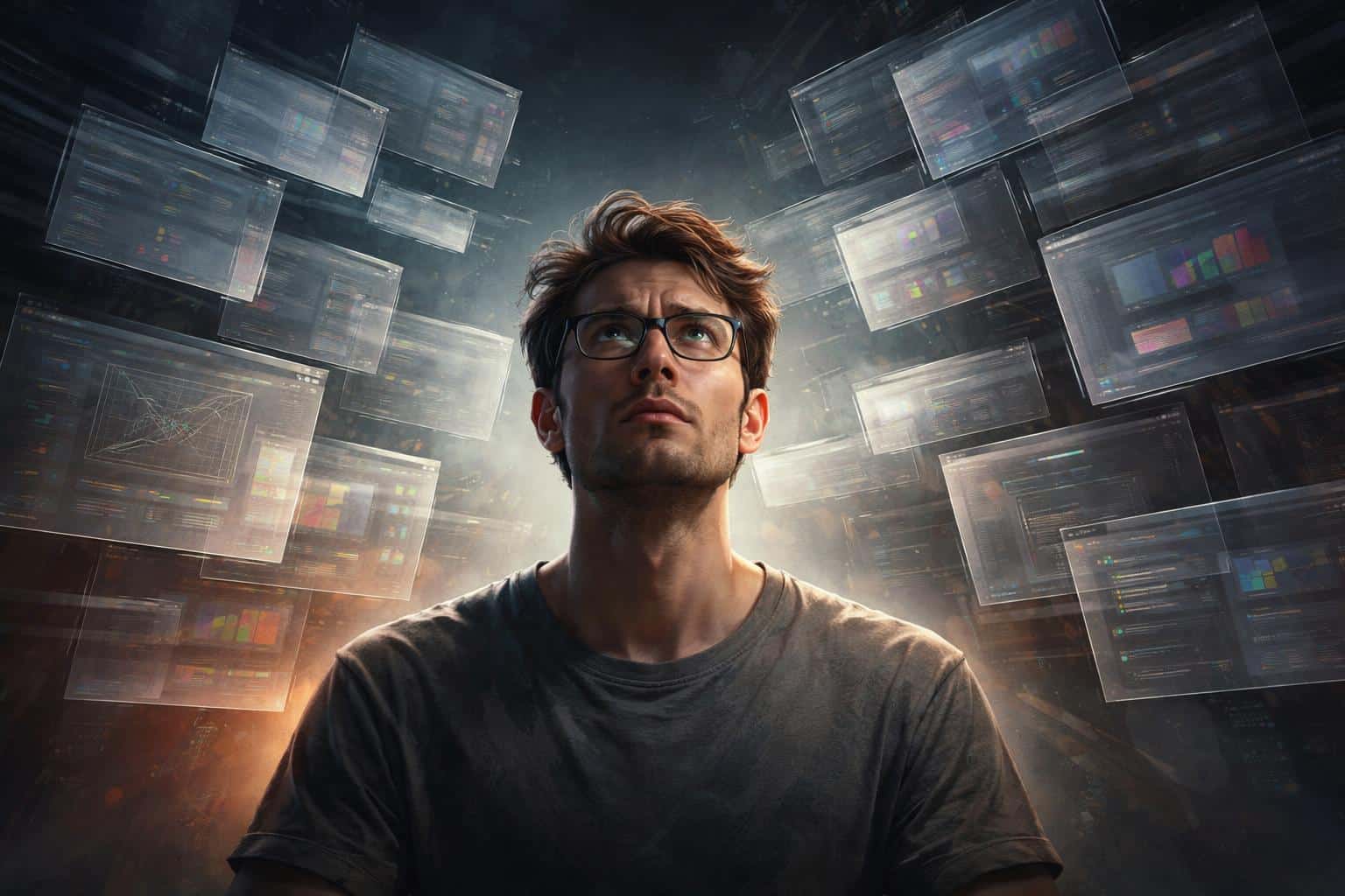 A single designer submerged in a chaotic stack of translucent UI panels, glyphs and code fragments, portrayed as a moody digital painting for a poster-cover, emphasizing tension.