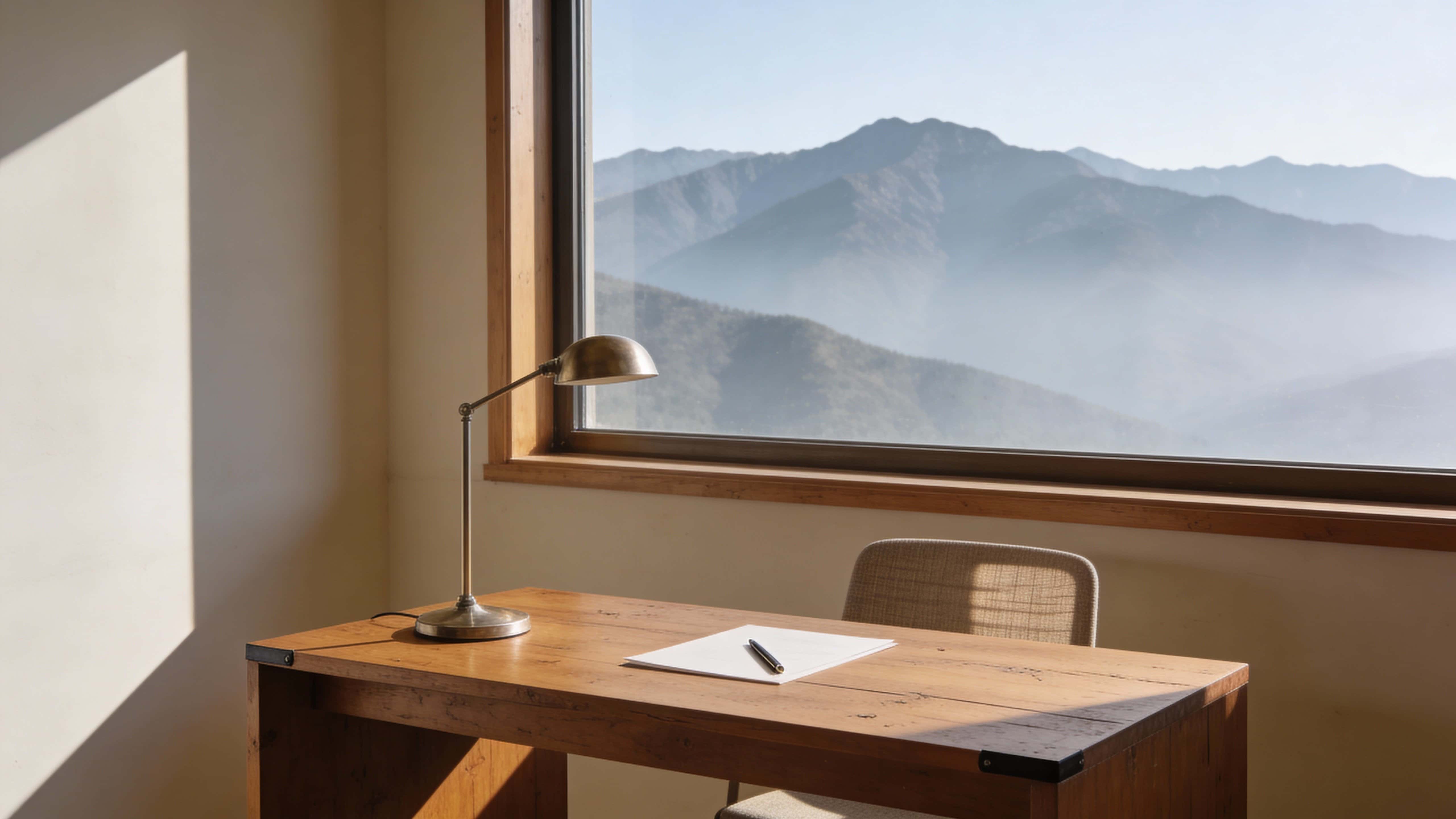 A serene interior-photography scene of a wooden desk by a large window looking onto distant mountains, composed as a 16:9 wallpaper-ready image with natural light.