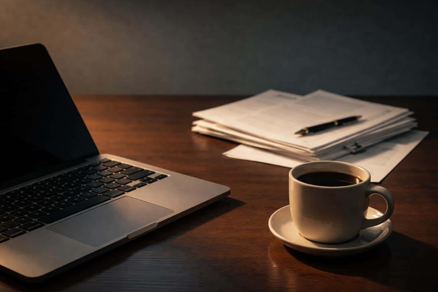Cinematic editorial photograph of a desk still life with laptop, coffee cup and scattered documents, composed for a 3:2 poster-cover with moody, tactile lighting.