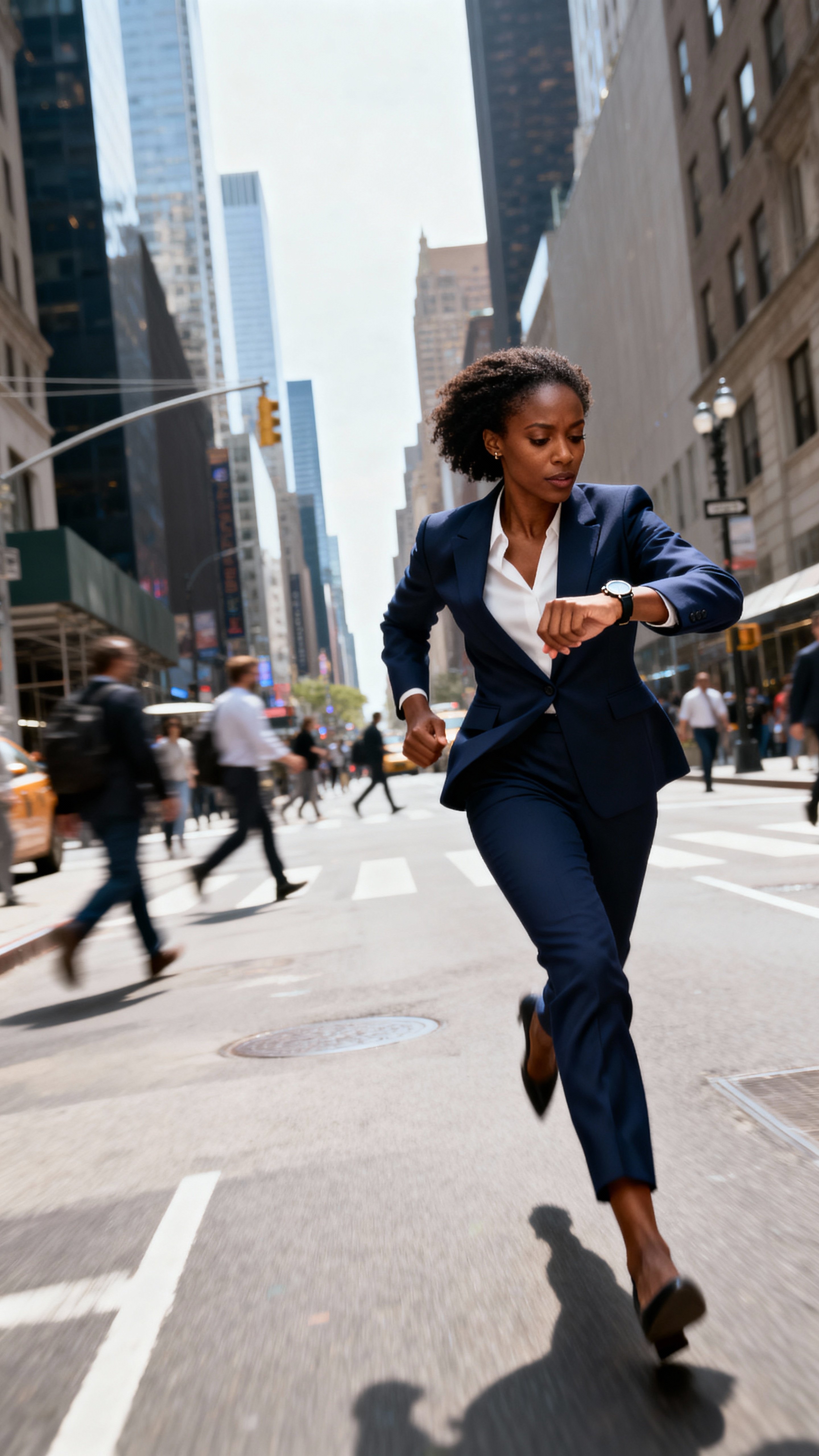 Hyper-realistic 8K DSLR wide-shot of a confident dark-skinned businesswoman in a navy-blue suit running through a busy city street while checking her wristwatch. She appears determined and slightly rushed; pedestrians in the background are动
