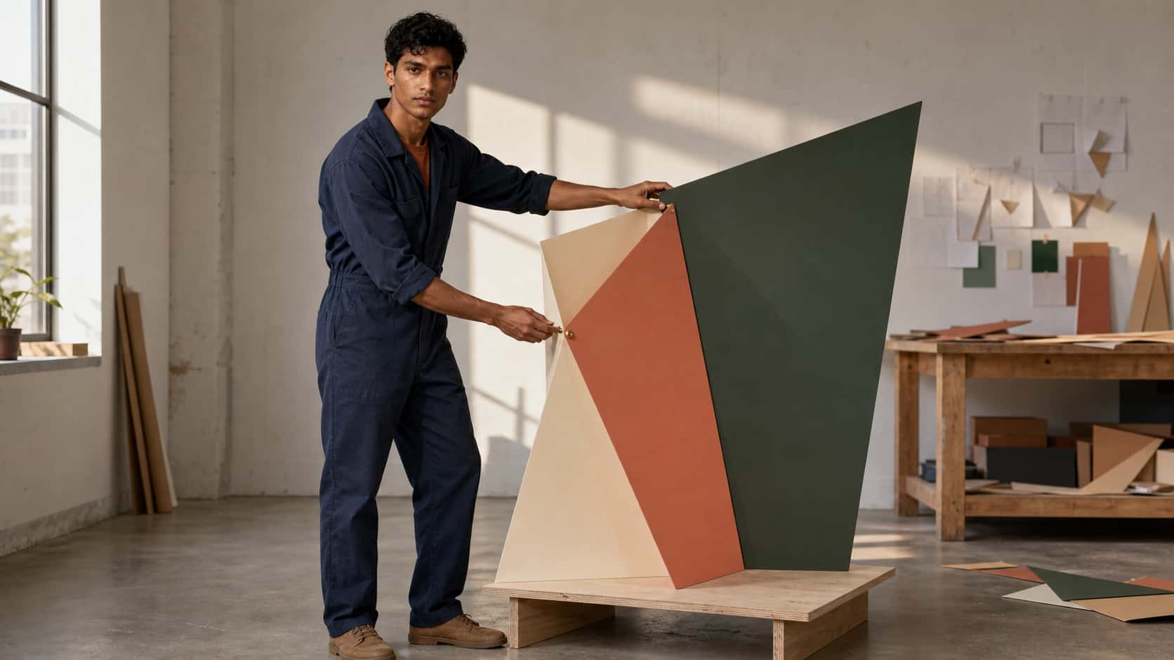 A wide studio scene tests Dev’s identity, lean proportions, hands, eyebrow scar, and physical interaction with a three-panel sculpture.