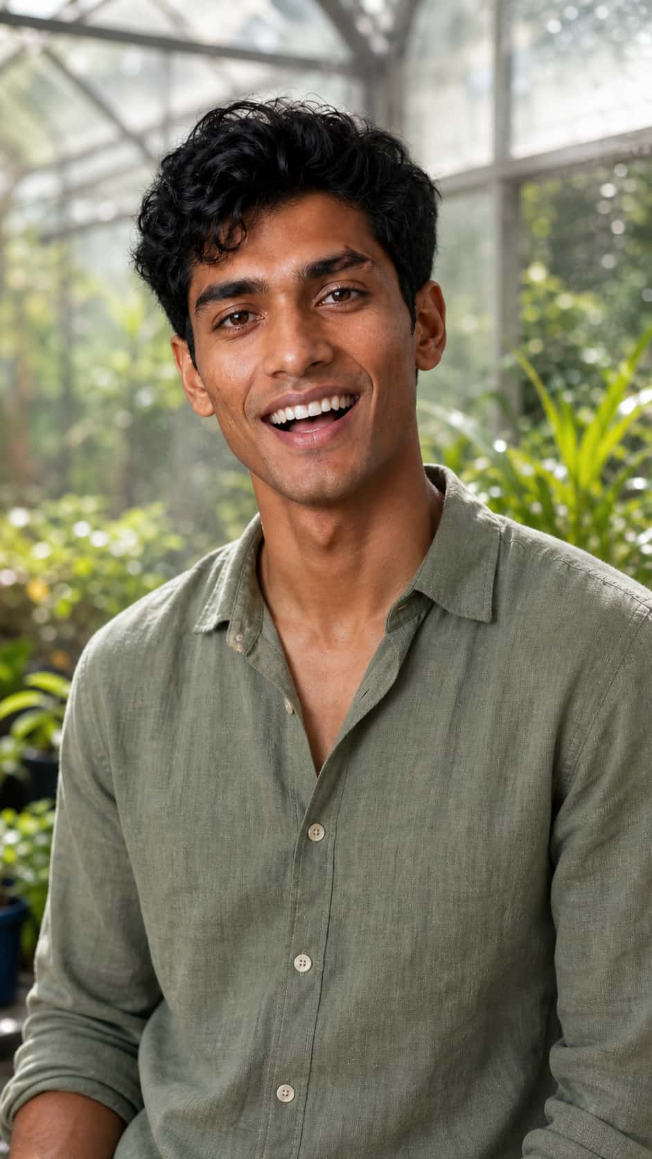 A candid greenhouse portrait tests whether Dev’s expressive face preserves his angular structure, eyebrow scar, skin texture, and wavy hair.