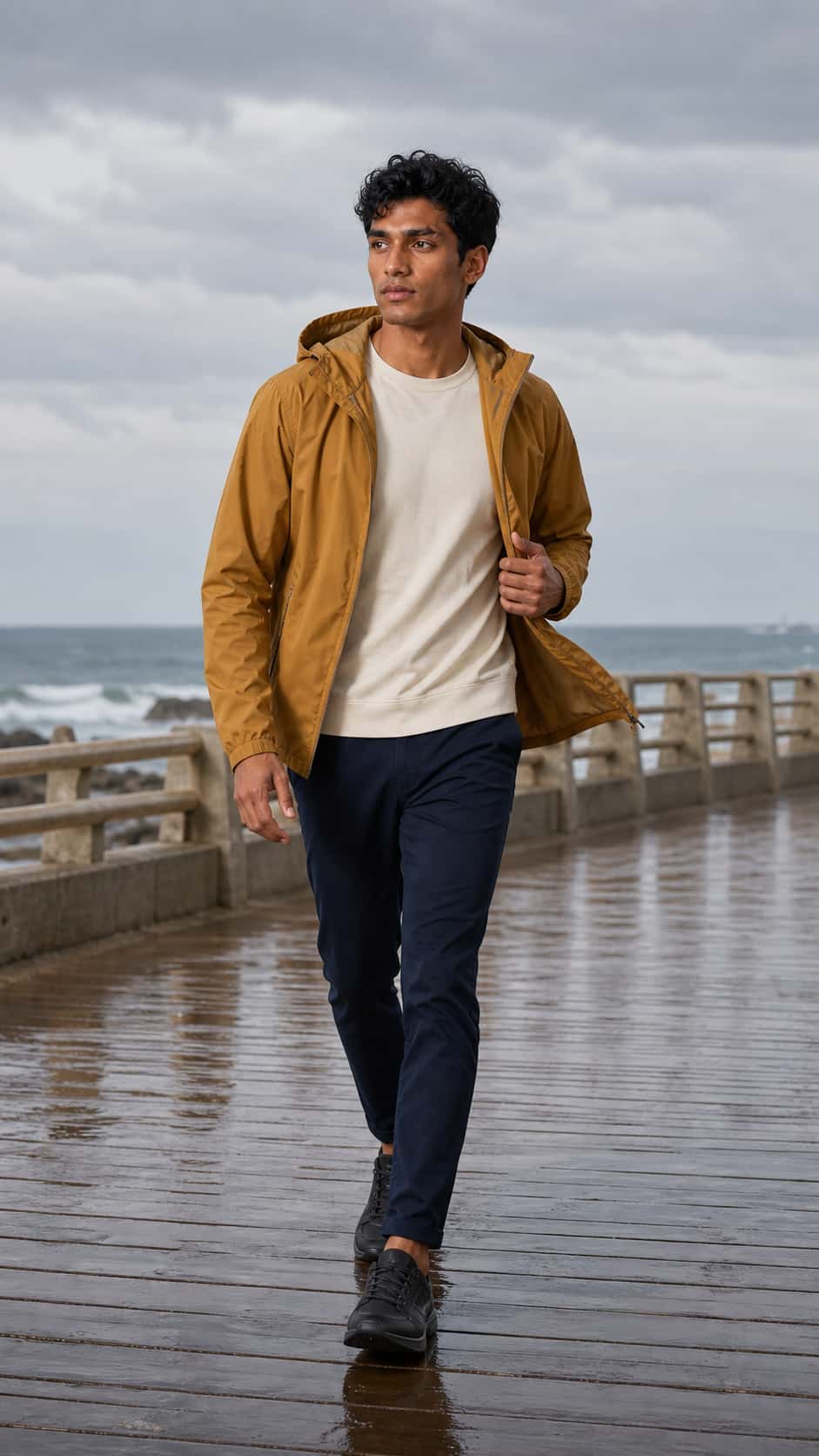A full-body walking scene tests Dev’s lean long-limbed proportions, hair, clean-shaven identity, and motion under a wardrobe change.