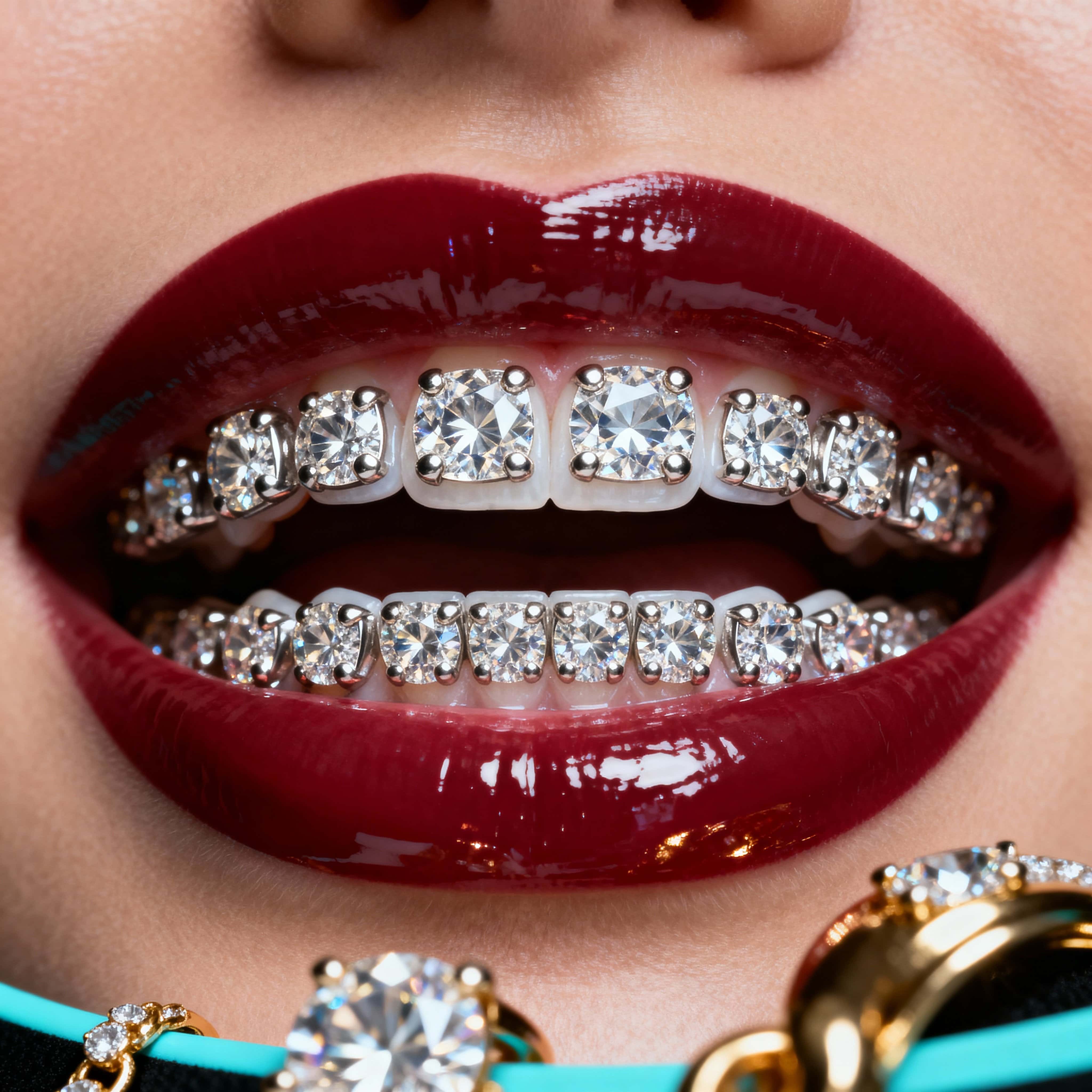 Ultra-realistic close-up of a flawless smile with diamond-encrusted teeth and glossy lips, sparkling jewelry reflections and a Tiffany-blue accent against a deep black background, fashion-magazine luxury aesthetic.