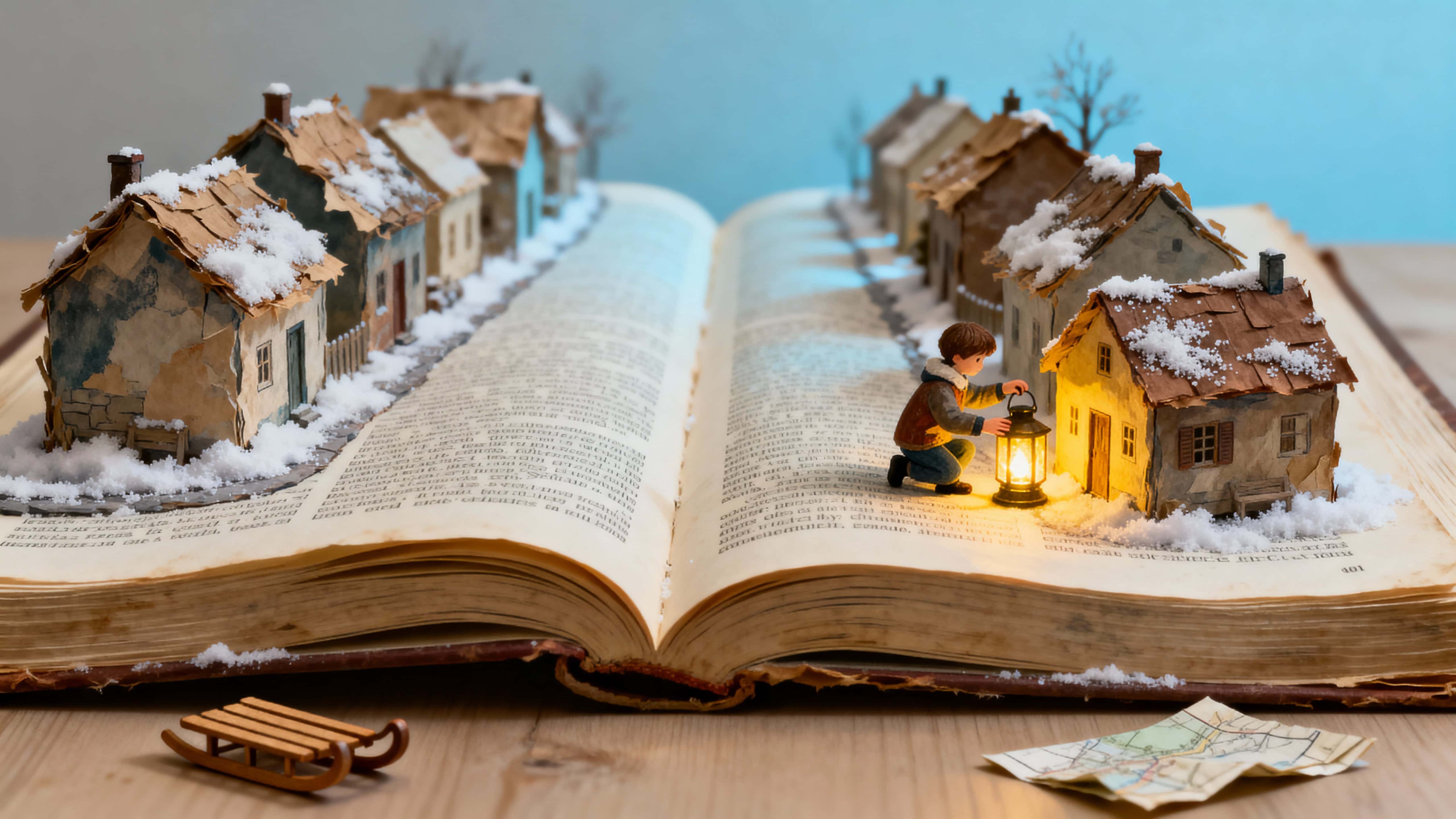 A large old dictionary lies open with its pages folded into rooftops and narrow snowy lanes while a small child in winter clothes places a glowing lantern beside a tiny house, framed in a cinematic 16:9 crop to emphasize scale and wonder.