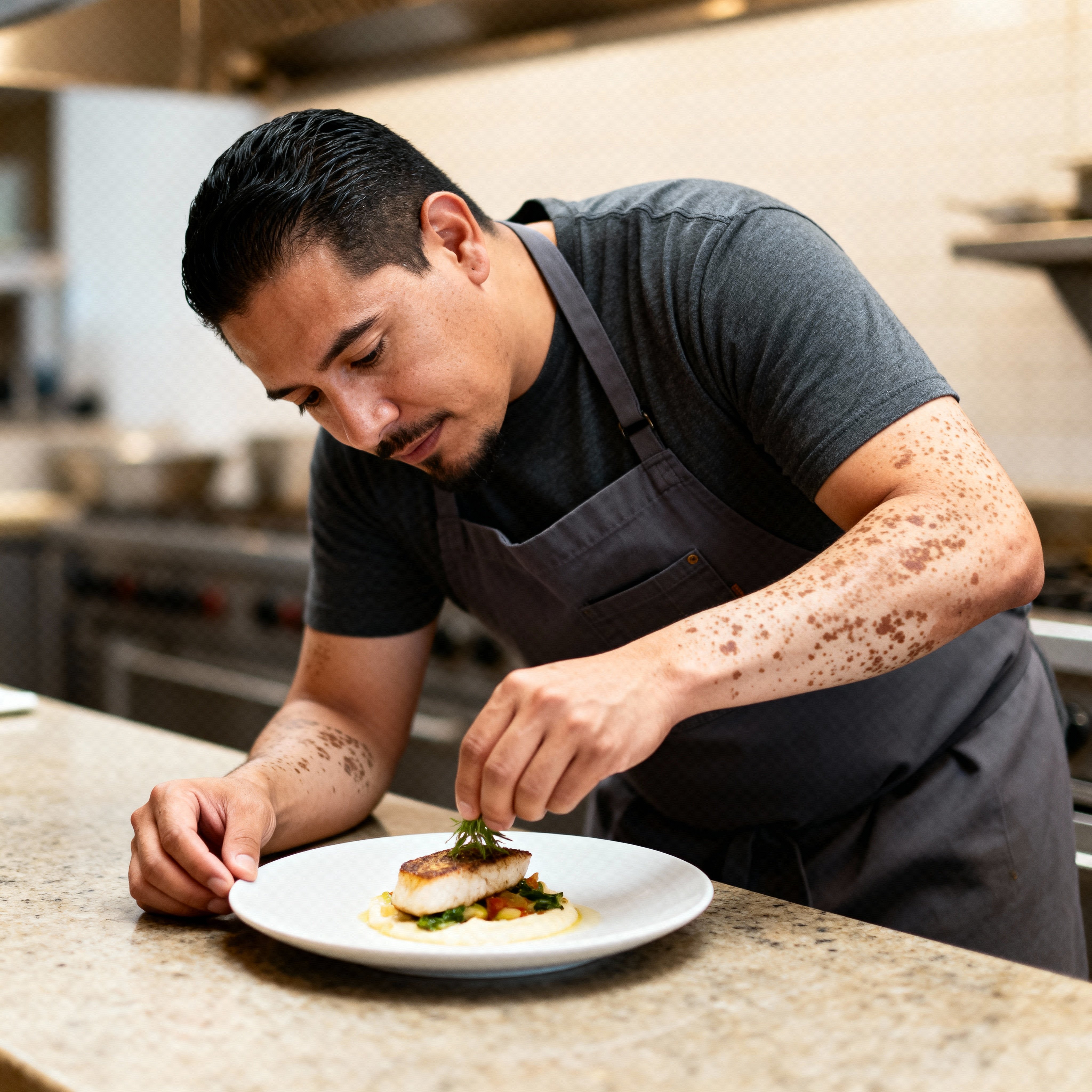 Half-body portrait of Mexican American chef Diego Alvarez at the pass, wearing a charcoal apron (#333333) over a tee, vitiligo patches on warm-peach skin (#E6B89B), neutral blurred background (#BDB7B0) and soft even light giving a gentle, l