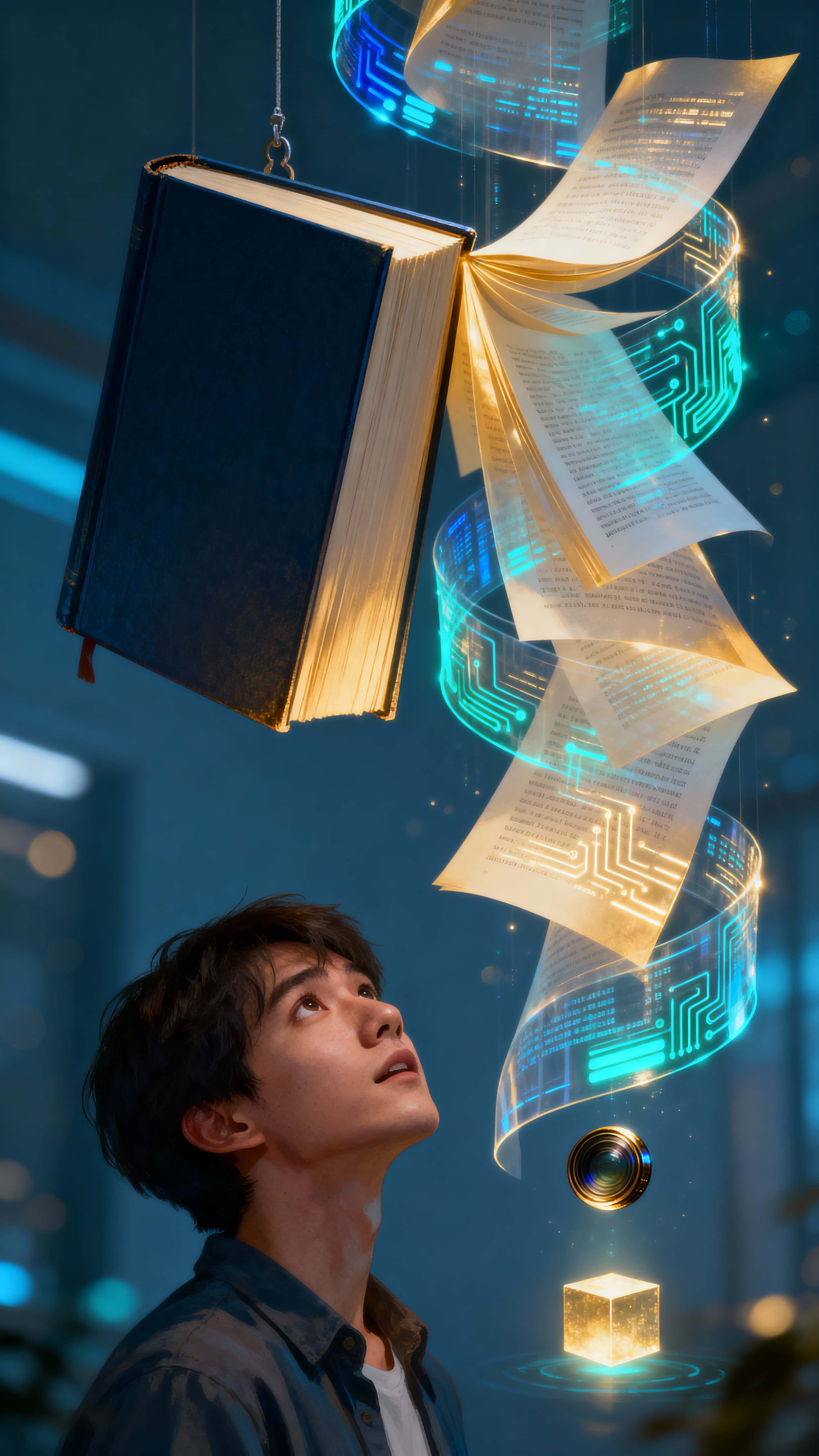 A floating digital book opens in a dim vertical space and unleashes thousands of glowing data-pages that spiral around a person standing in awe, framed tall in portrait.