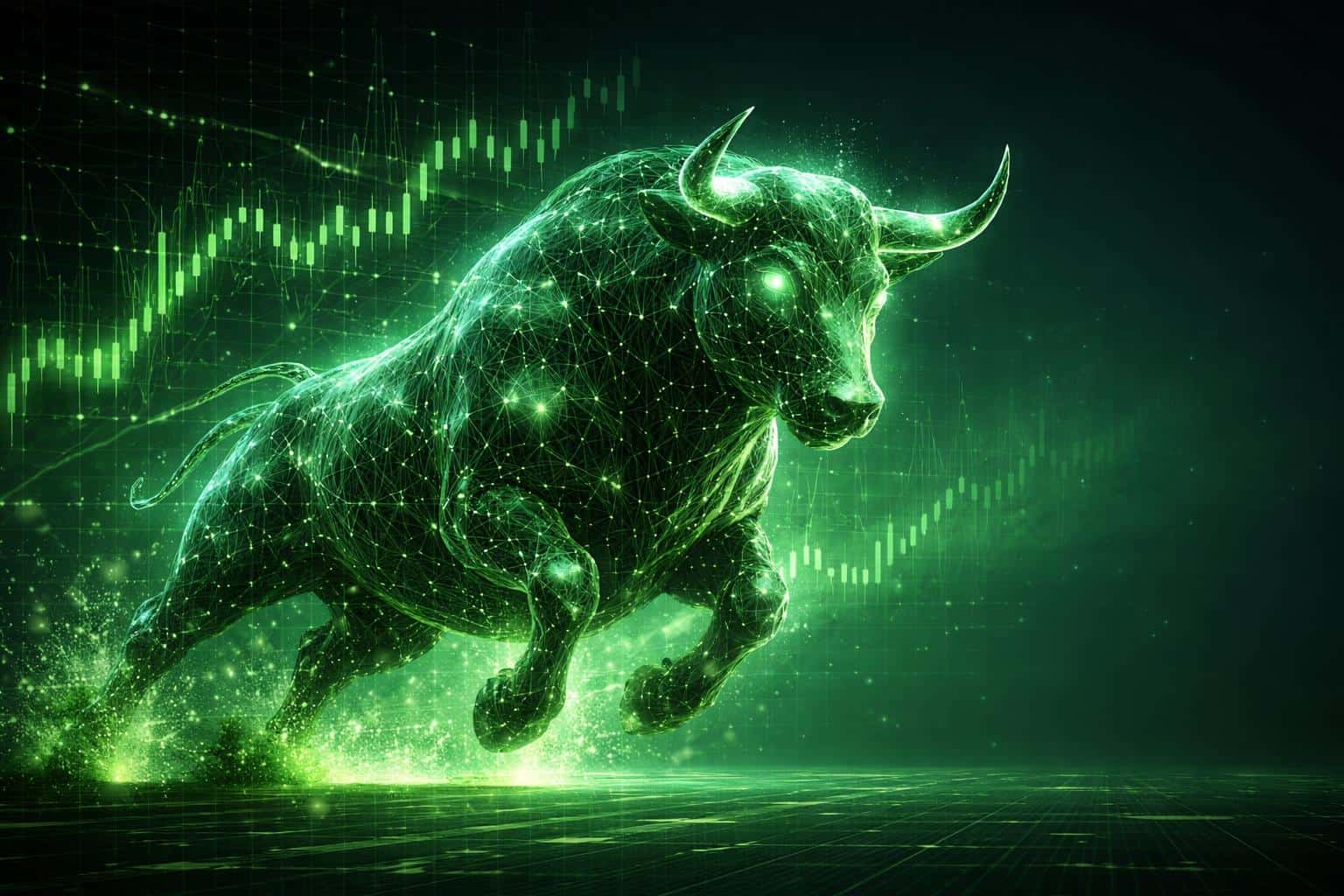 A powerful bull constructed from glowing green data lines charges forward against a backdrop of digital stock market charts and deep shadows in this 3D render.
