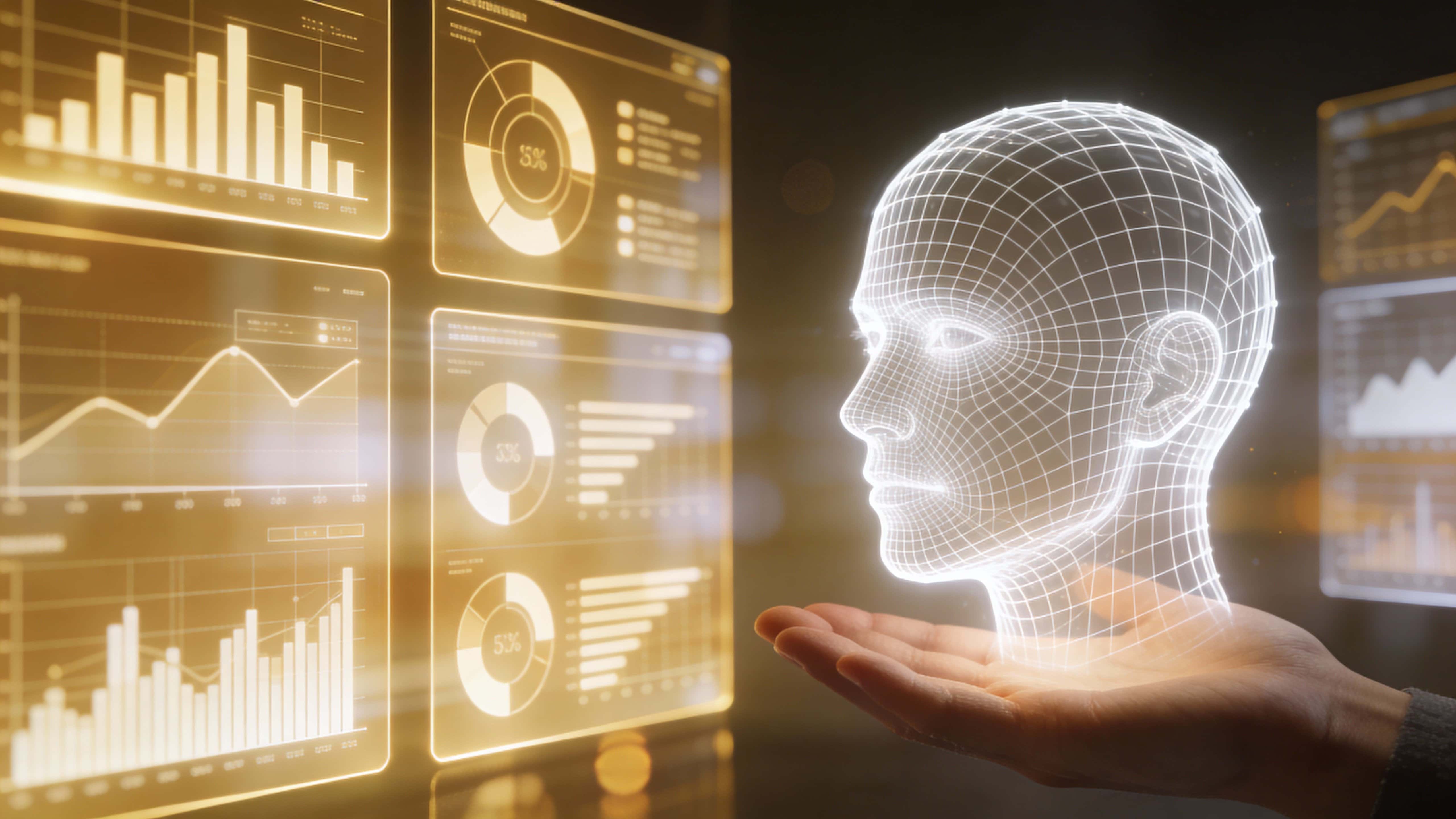 A semi-transparent digital head of white grid lines floats above a human palm bathed in warm gold and soft white glow, with minimal holographic panels showing charts and analytics against a dark blurred background.