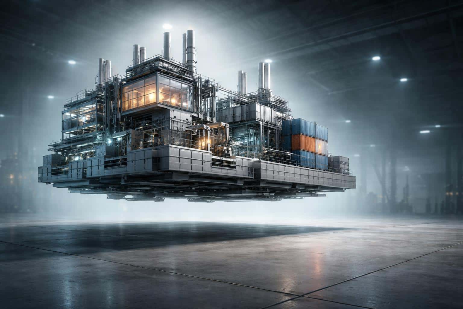 3D-render of a digital twin factory hovering above a real concrete floor, composed for a 3:2 poster-cover with dramatic low-angle framing and clear spatial hierarchy.