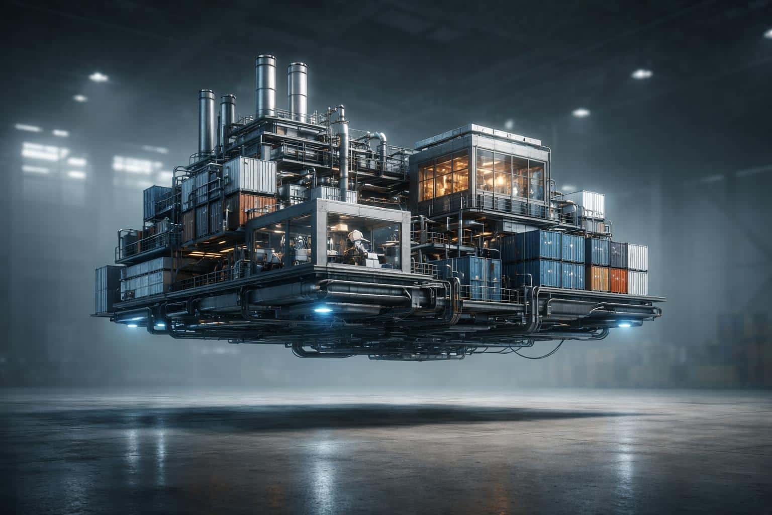 3D-render of a digital twin factory hovering above a real concrete floor, composed for a 3:2 poster-cover with dramatic low-angle framing and clear spatial hierarchy.