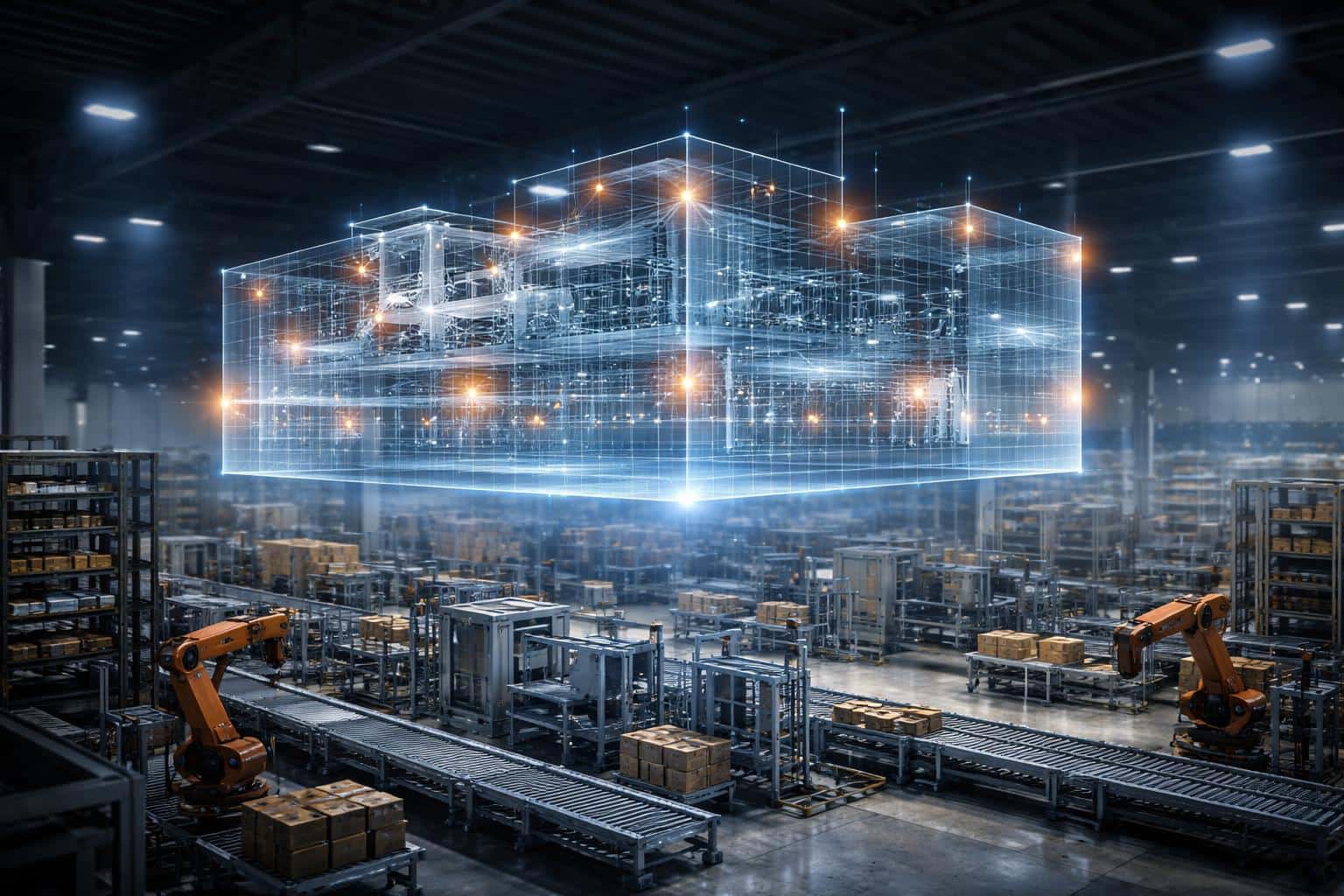 Photoreal 3D render of a digital twin factory model hovering above a real production floor, composed for a 3:2 hero poster with clear layered depth and scale.