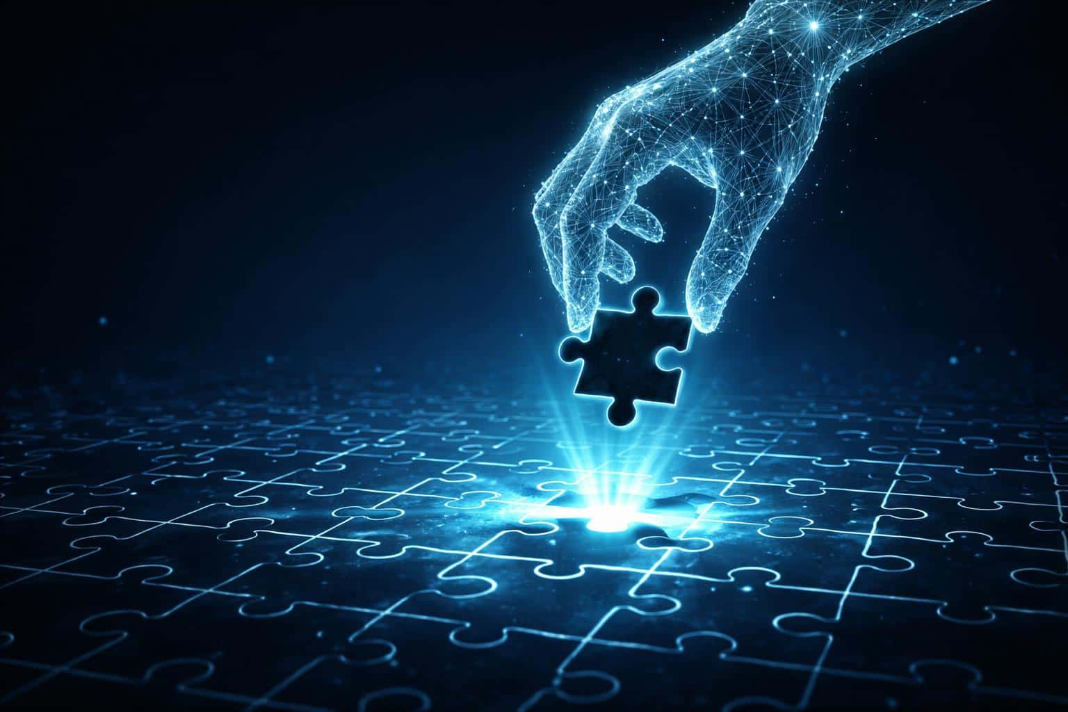 A futuristic digital illustration of a glowing wireframe hand placing a puzzle piece into a radiant gap, ideal for technology concepts or banner backgrounds.