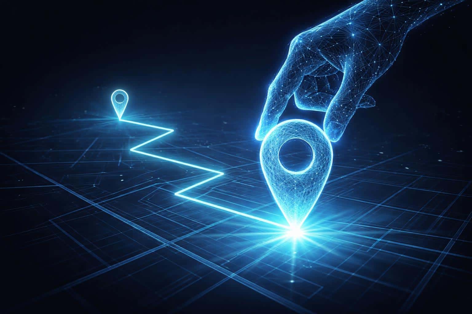 High-tech digital illustration of a wireframe hand interacting with a glowing GPS map for technology concepts, corporate banners, and UI design backgrounds.