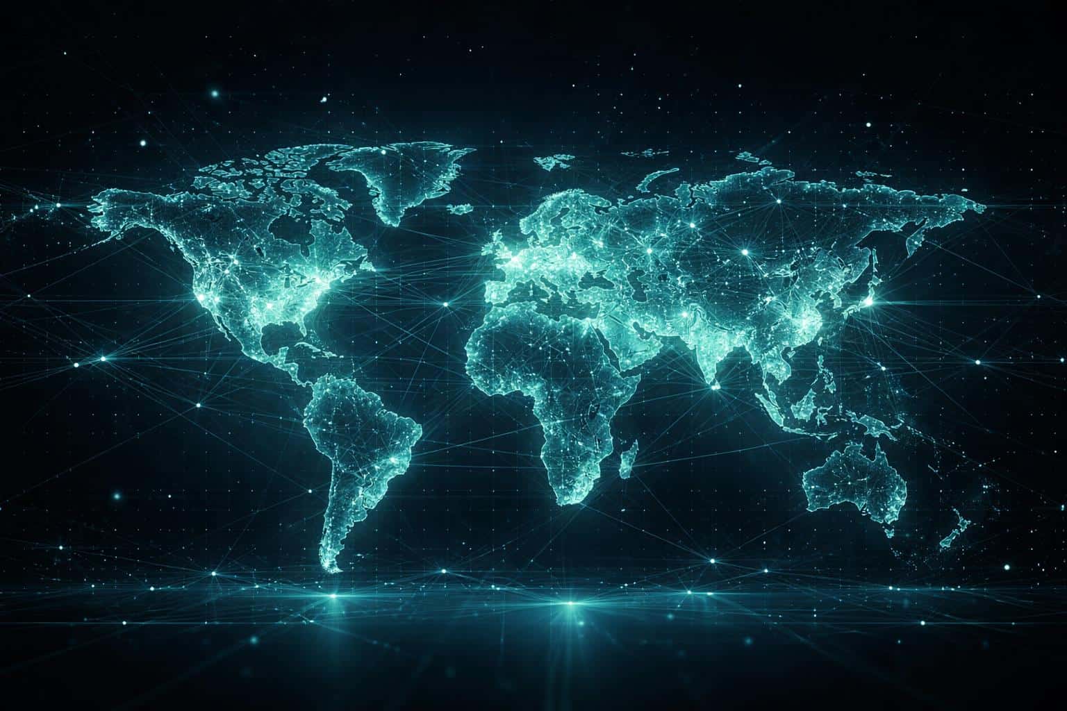 Glowing holographic world map with emerald and cyan network connections across a dark grid background, ideal for modern technology and data visualization.