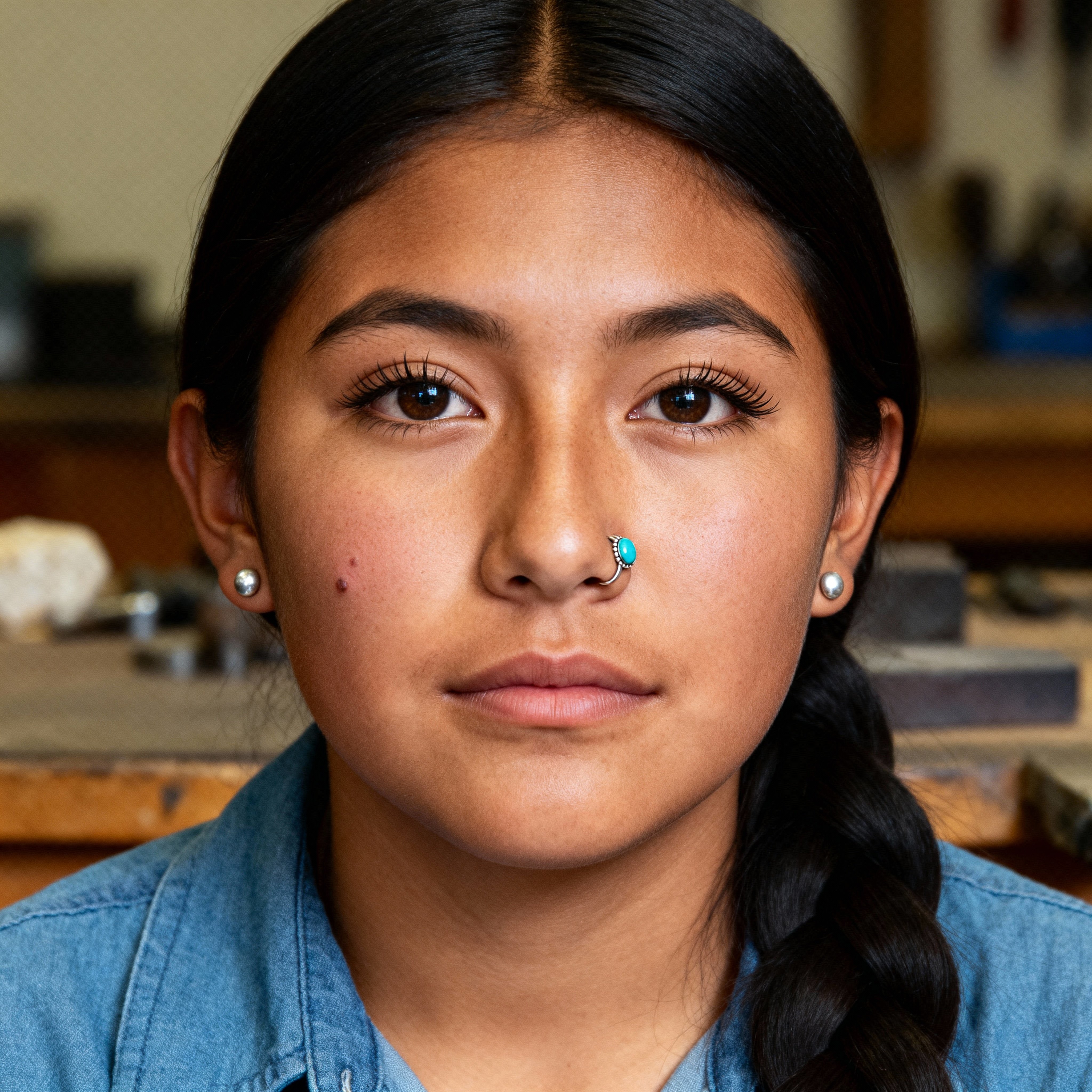 Close headshot of an 18-year-old Dine jewelry apprentice in a chambray shirt, low braid, silver studs and turquoise ring, warm medium-brown skin and muted workbench background.