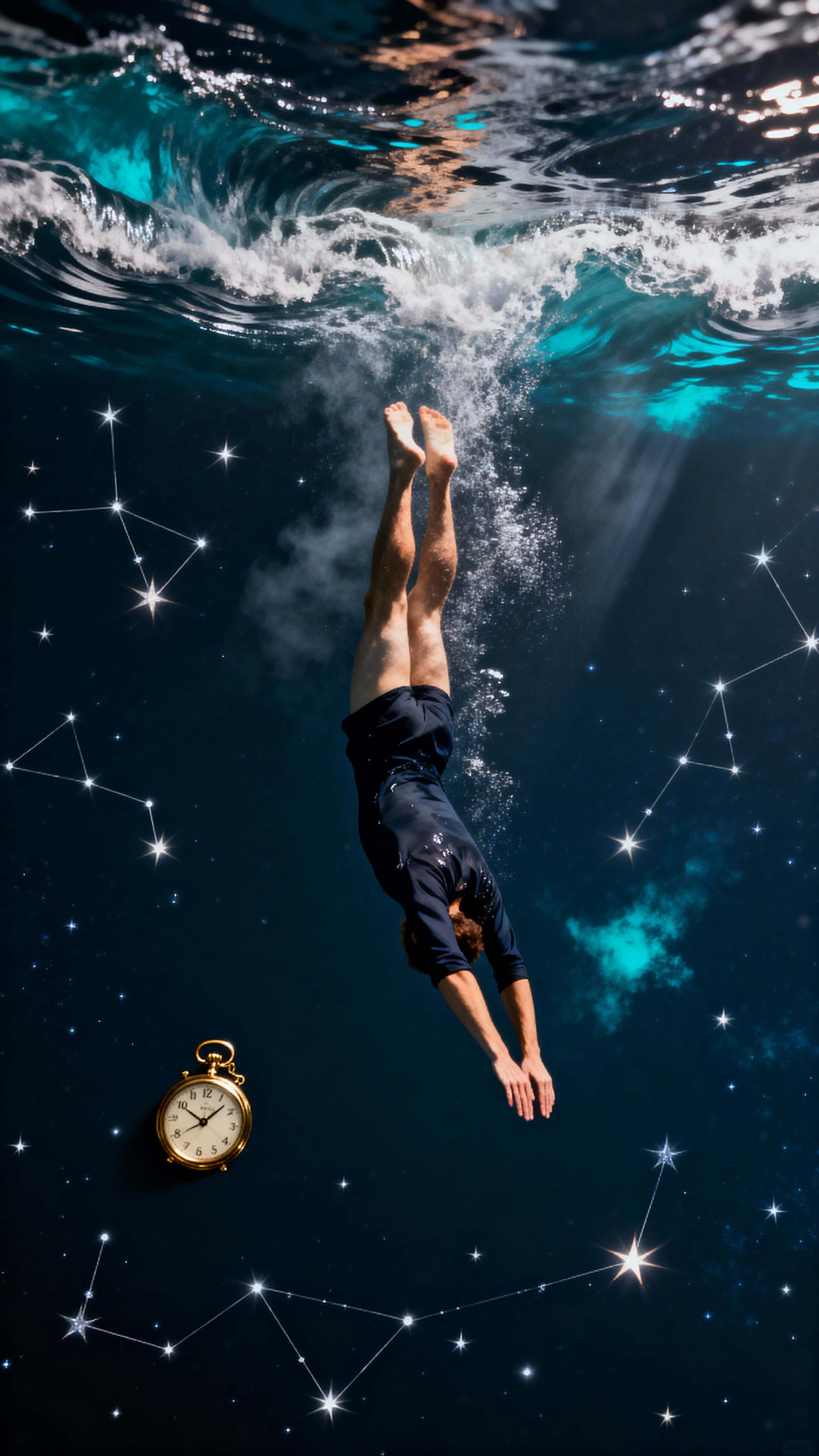 A lone figure dives downward into a night sky that has become liquid, where waves ripple with stars and constellations bend and scatter with each luminous splash, seen in a tall vertical frame.