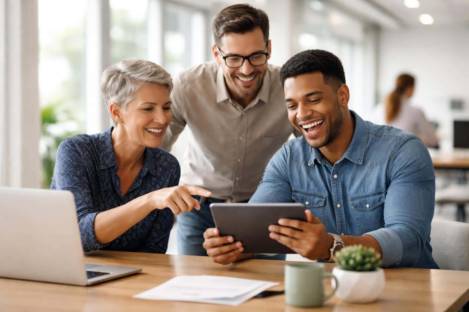 Modern lifestyle photography of three smiling diverse coworkers collaborating around a digital tablet in a bright, sun-drenched professional office space.