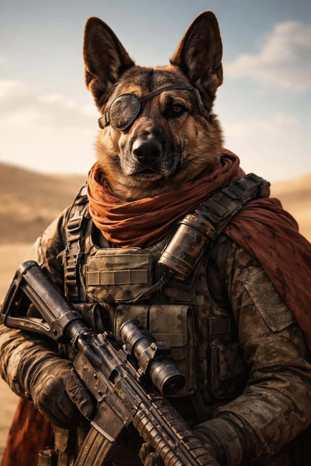 Close vertical portrait of a dog in tactical gear photographed as a cinematic portrait-photography image for a poster-cover, with desert sky background and dramatic lighting.
