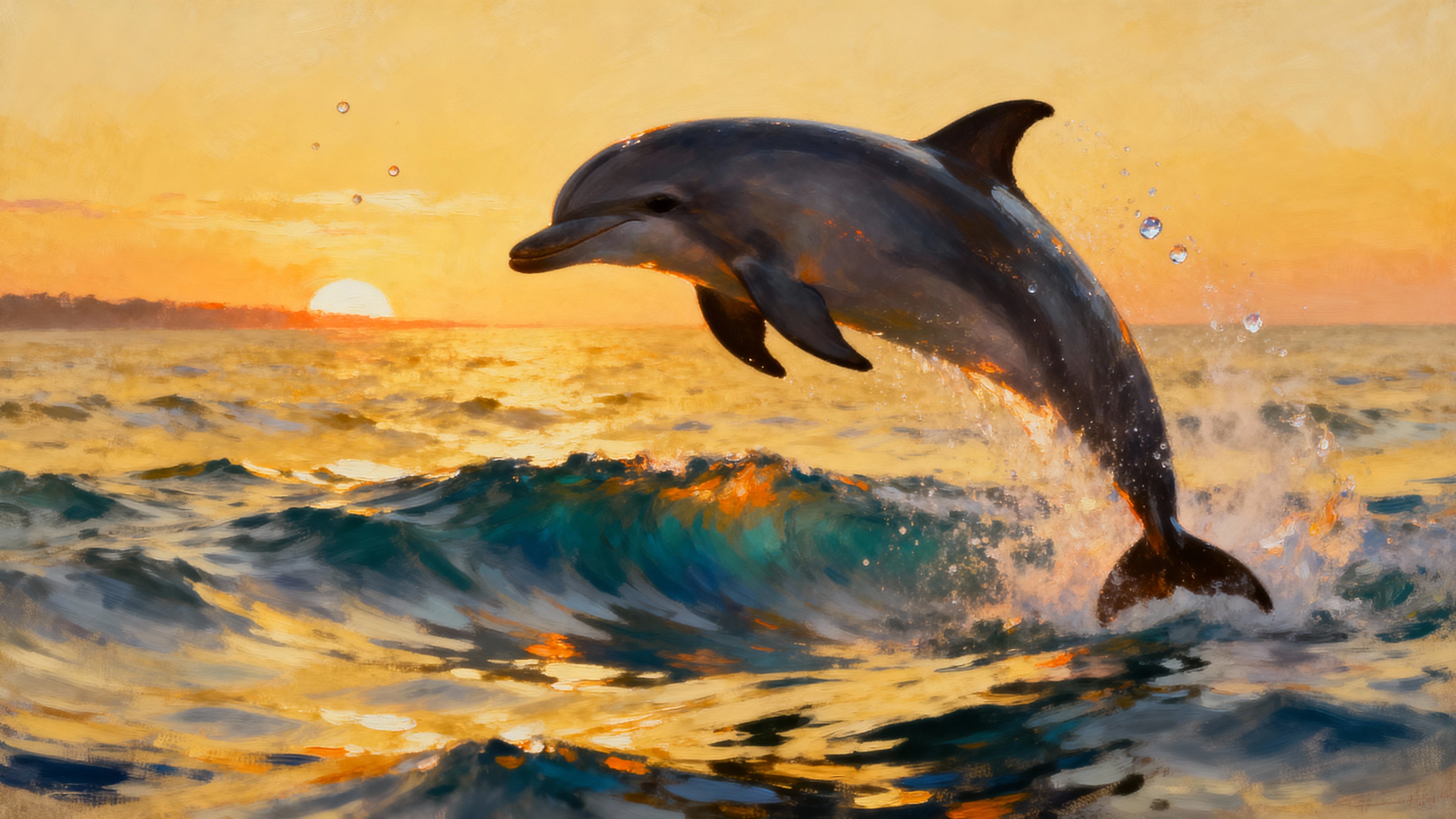 A single dolphin arcs from a sunlit, golden ocean at sunset, droplets catching sparkles of warm light and cool sea tones while the horizon glows behind it.