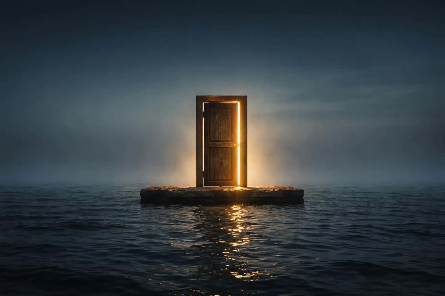 A solitary wooden door stands on a small platform in the middle of a calm ocean with a warm inner light spilling out, rendered as conceptual photographic poster art.