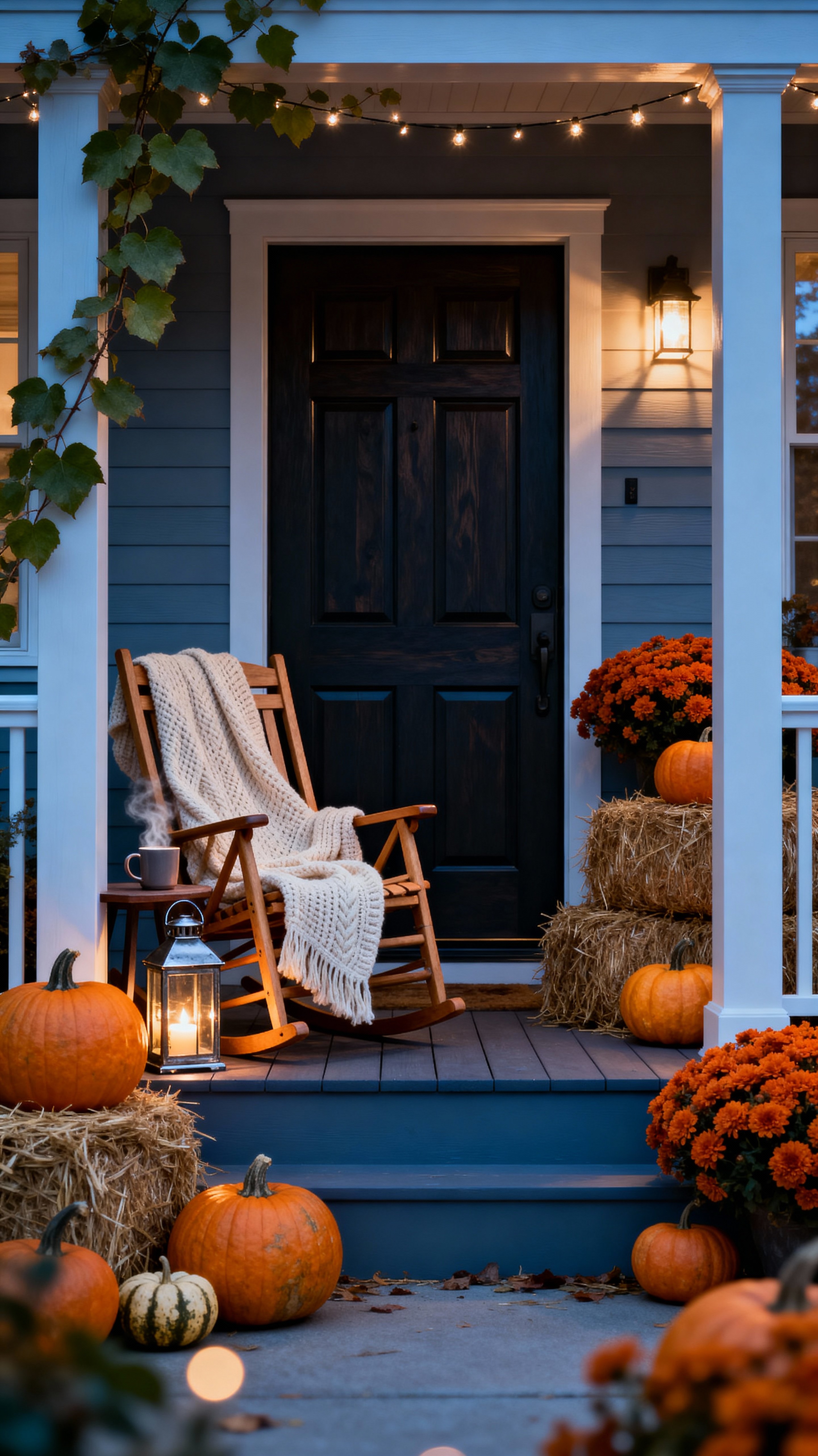 A centered dark-wood doorway on a symmetrical residential porch at dusk, framed vertically 9:16 to emphasize balance, with pumpkins, mums, hay bales, a rocking chair and lantern in warm cinematic light and cool twilight shadows.