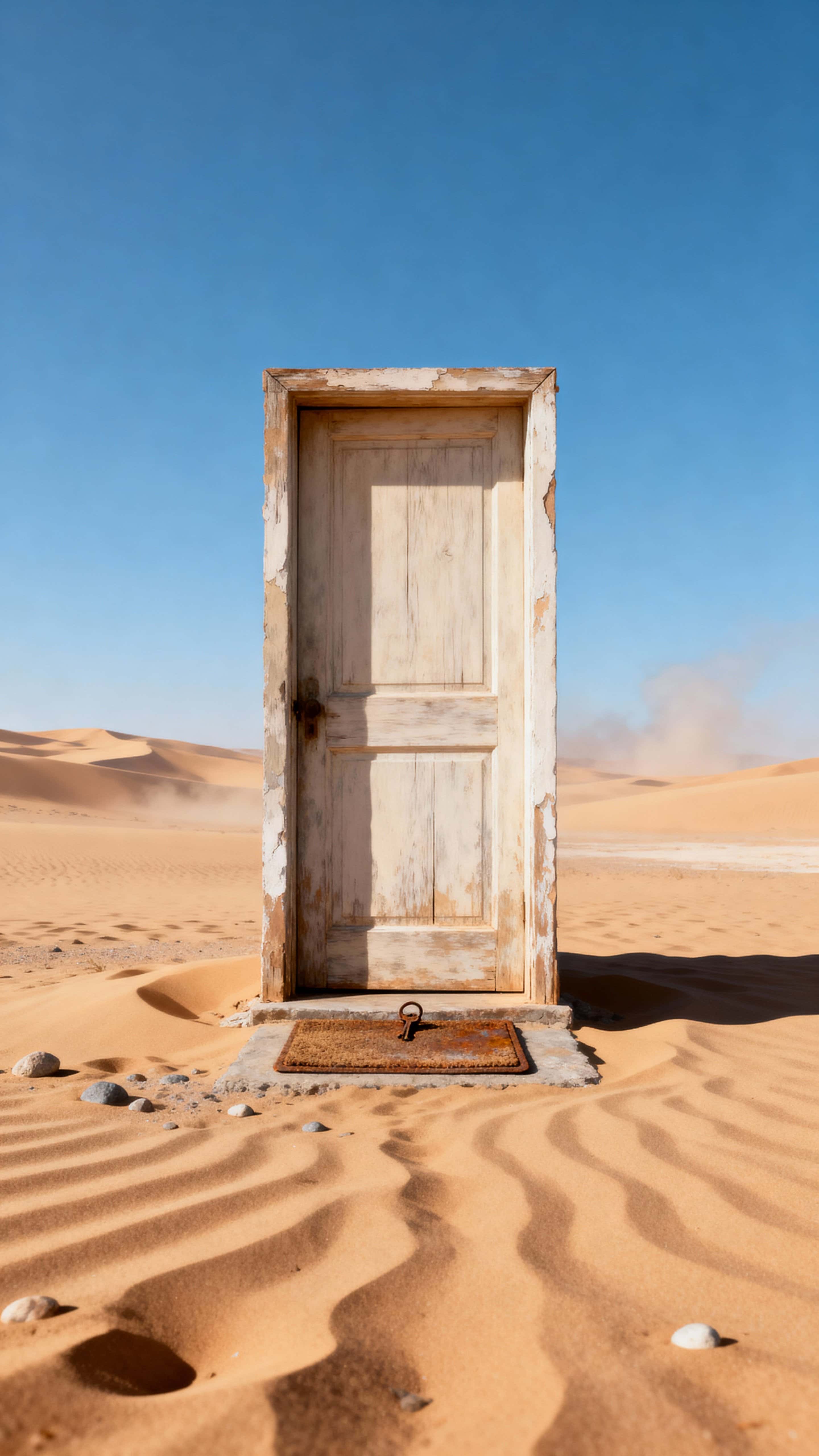 A lone weathered doorway stands amid windswept dunes beneath a high sky, composed for a vertical 9:16 frame to emphasize surreal isolation and human scale in landscape.