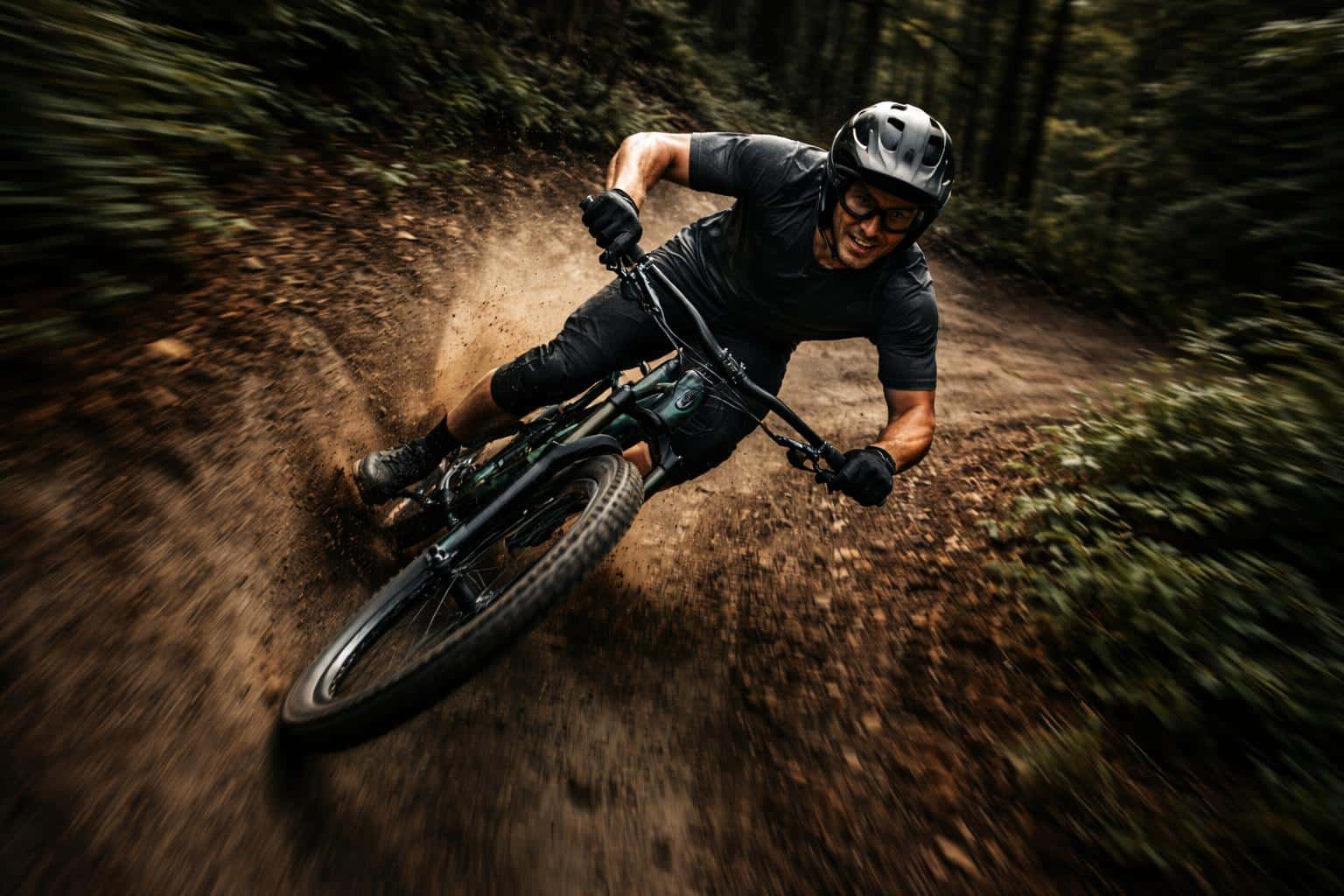 Wide 3:2 outdoor sports shot from an elevated overhead angle of a helmeted, grinning downhill mountain biker carving a forest turn with tracking motion blur, dark canopy, amber highlights.