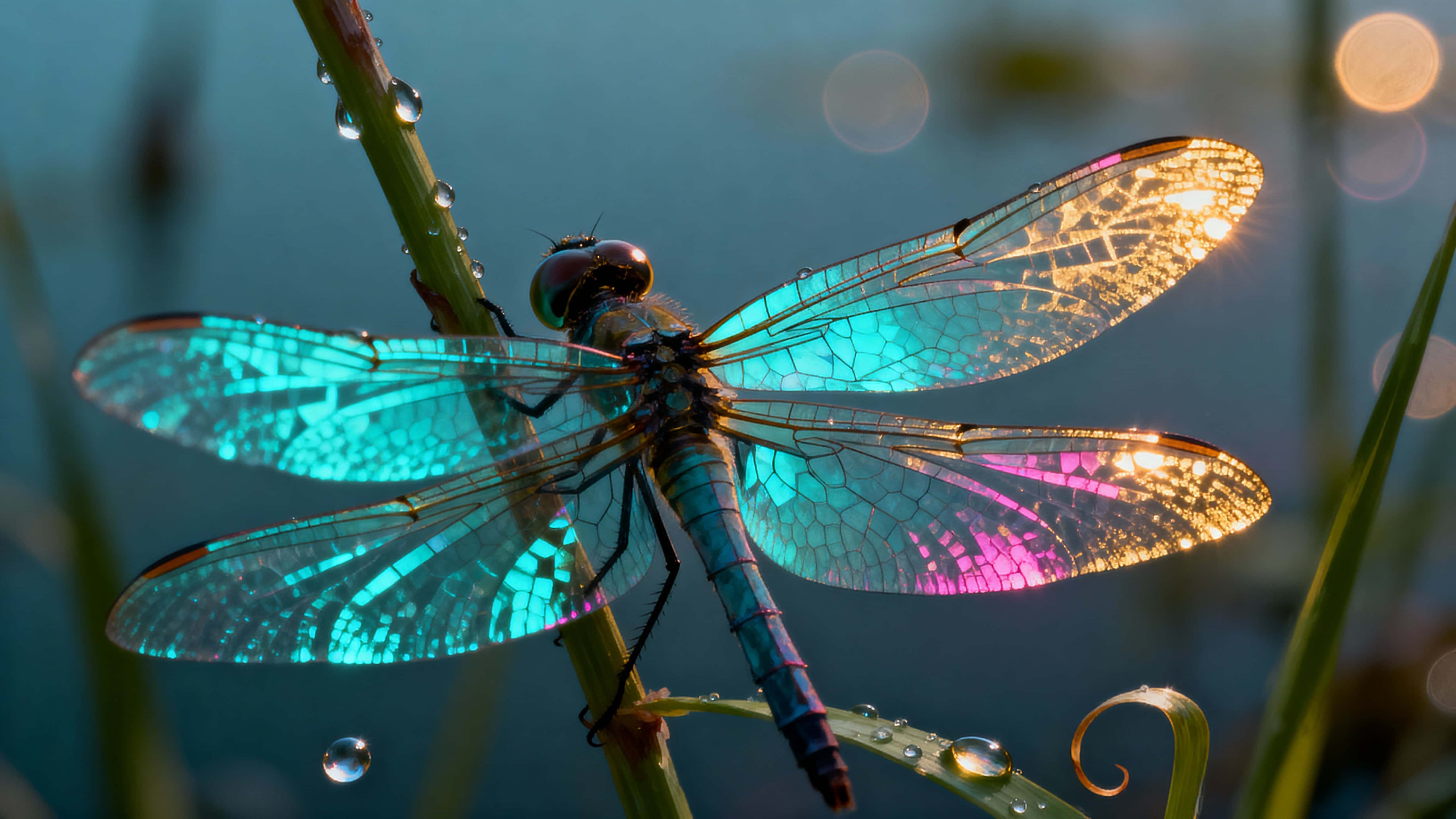 Close-up macro of a bioluminescent dragonfly perched on a dewy stem, showing reflective neon wing membranes and subtle environmental reflections in a cinematic 16:9 crop for dramatic impact.