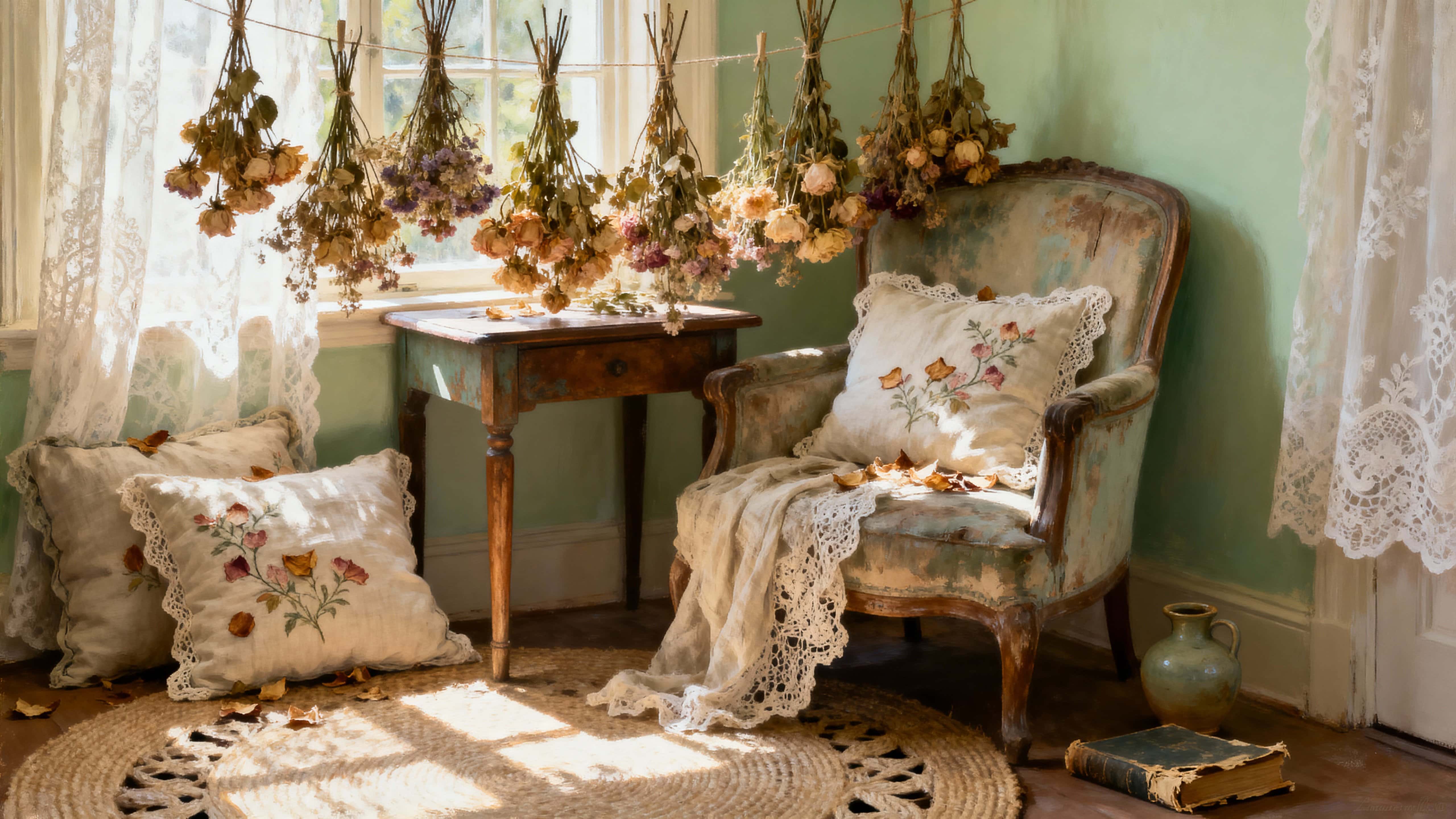 A sunlit vintage interior with dried flowers hanging over antique furniture, embroidered pillows and lace curtains in a moss-green, warm-cream palette.