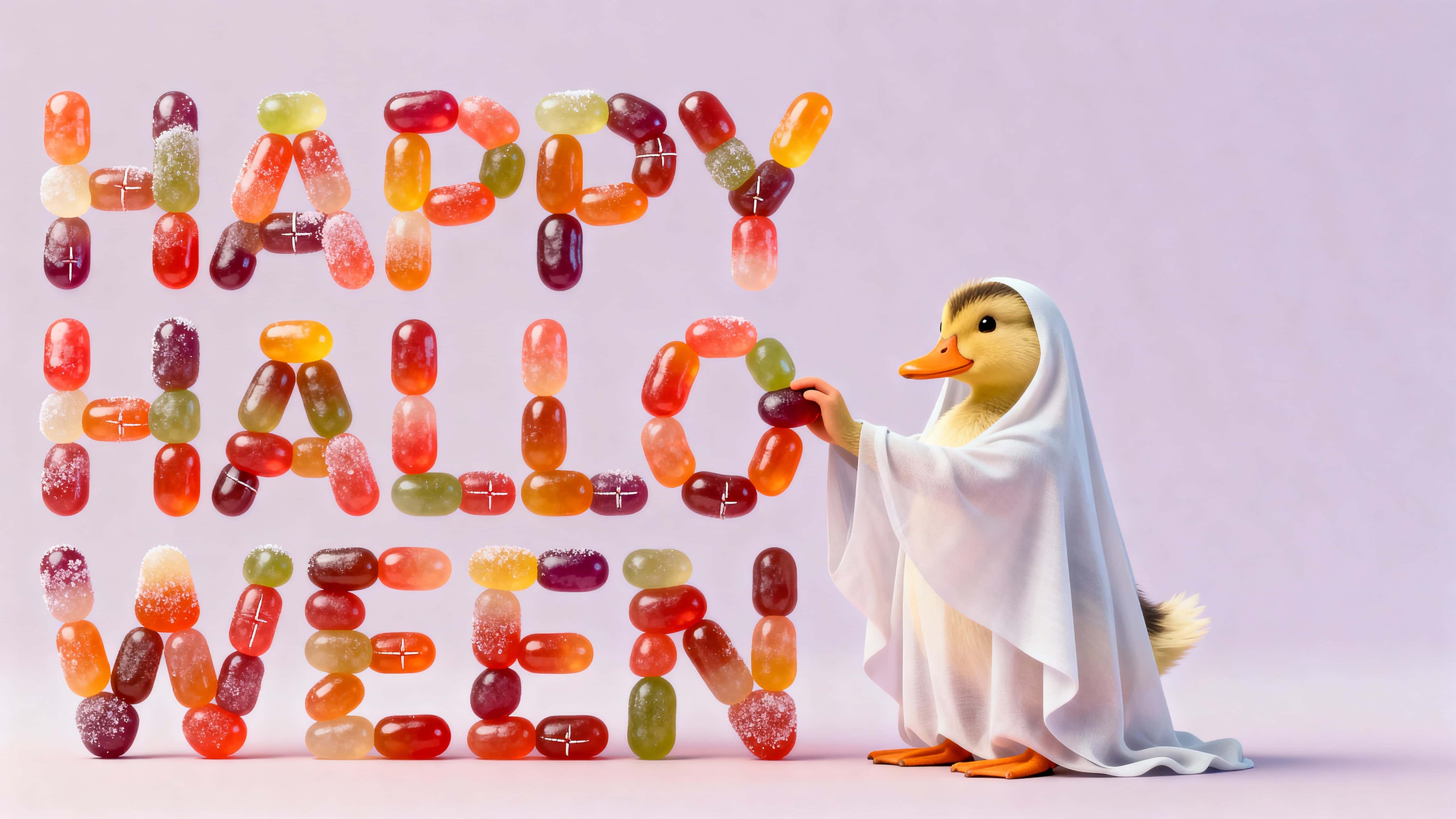 Photo‑real 3D render of shiny jellybeans tiled into HAPPY HALLOWEEN with slight sugar bloom as a duckling in a sheet‑ghost places the final bean into the P, framed 16:9 in matte mint, peach, pale yellow, soft lavender, candy coral.