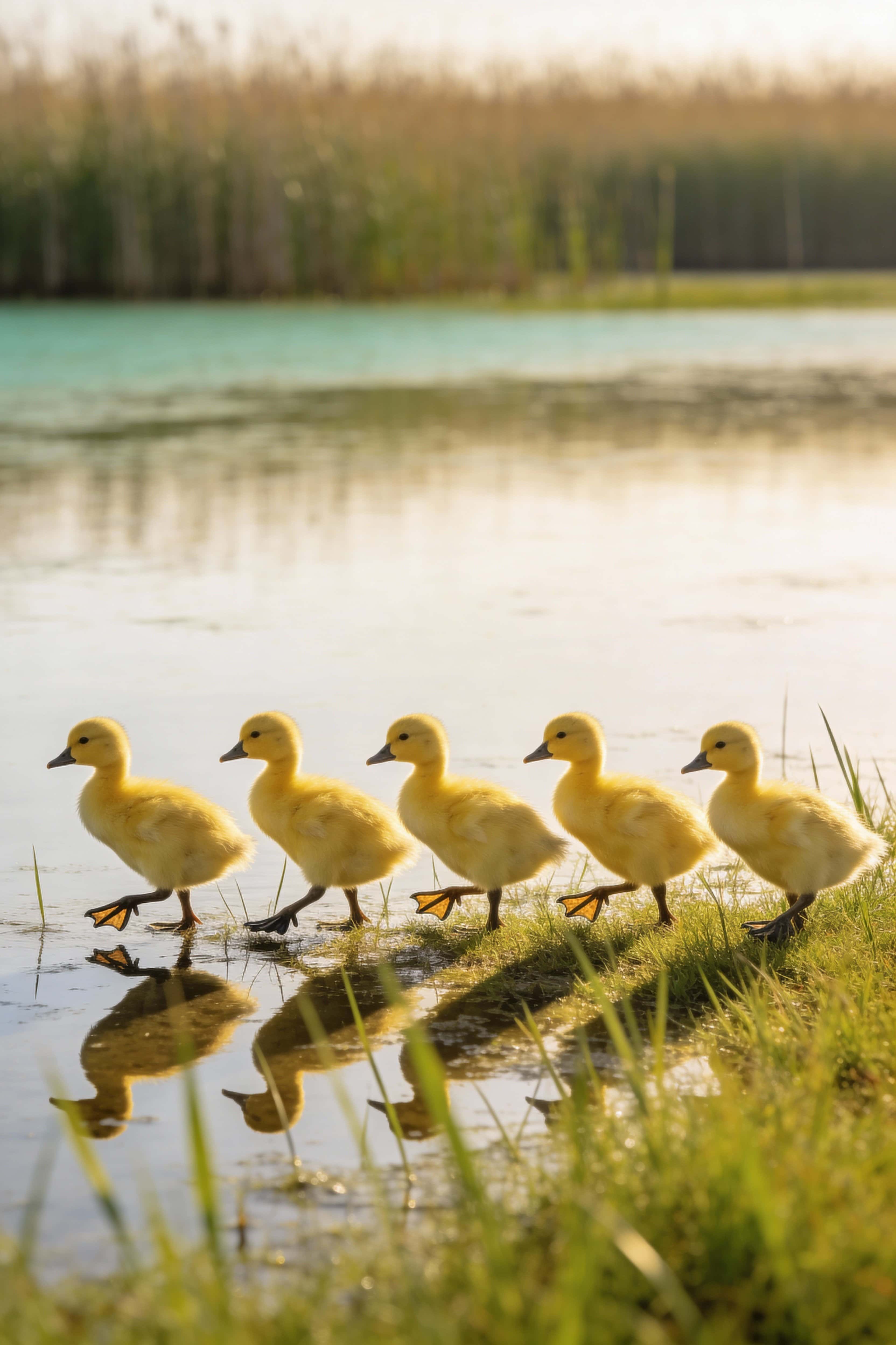 Portrait-format wildlife photograph of five ducklings walking in a neat line across a grassy shoreline, framed for a 2:3 vertical poster or wallpaper.