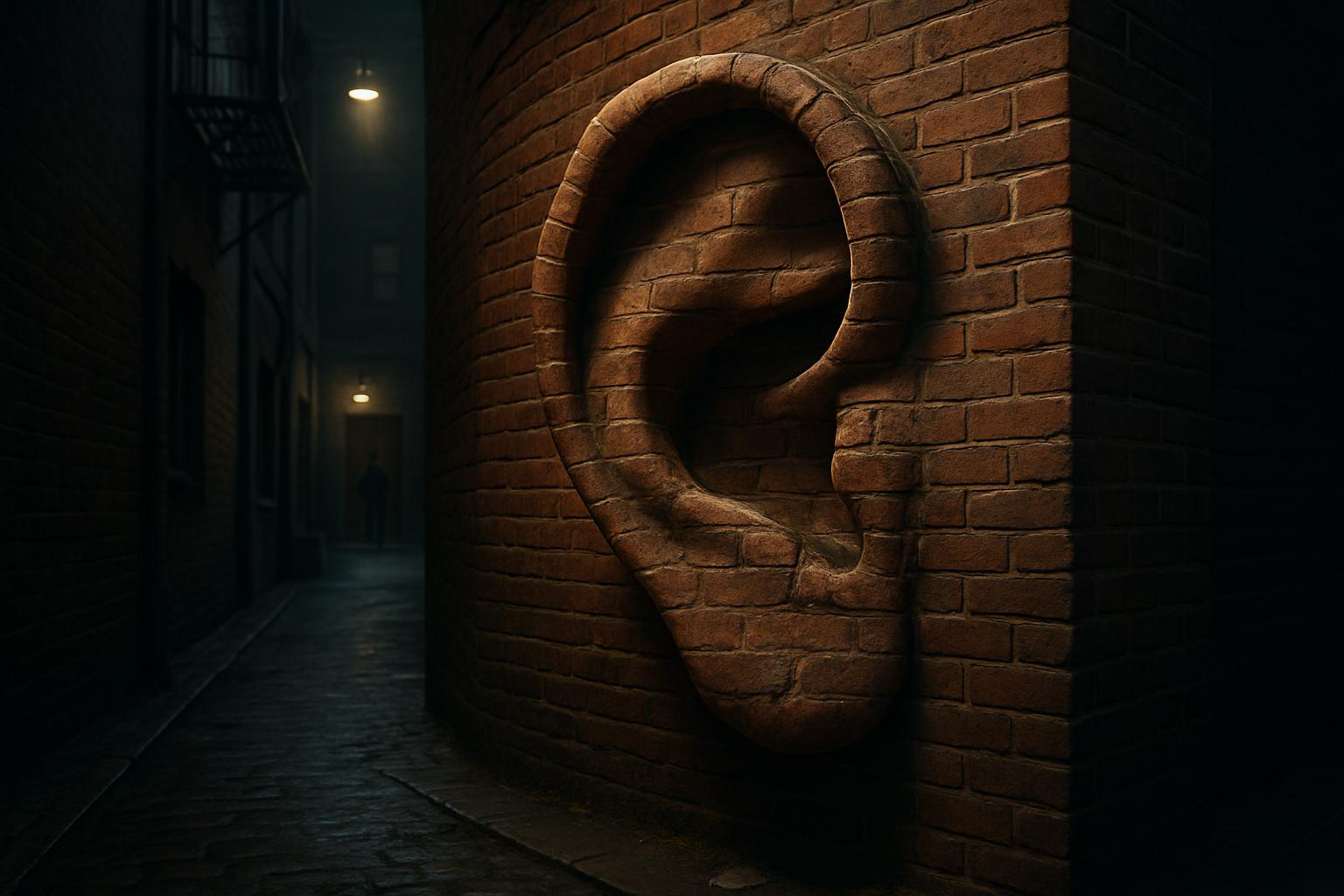 A wide-angle urban vignette where a monumental ear emerges from brick walls in a dim alley, suggesting secrets and eavesdropping. Muted tones, deep shadows and subtle textures make the scene feel intimate, watchful and quietly uncanny.