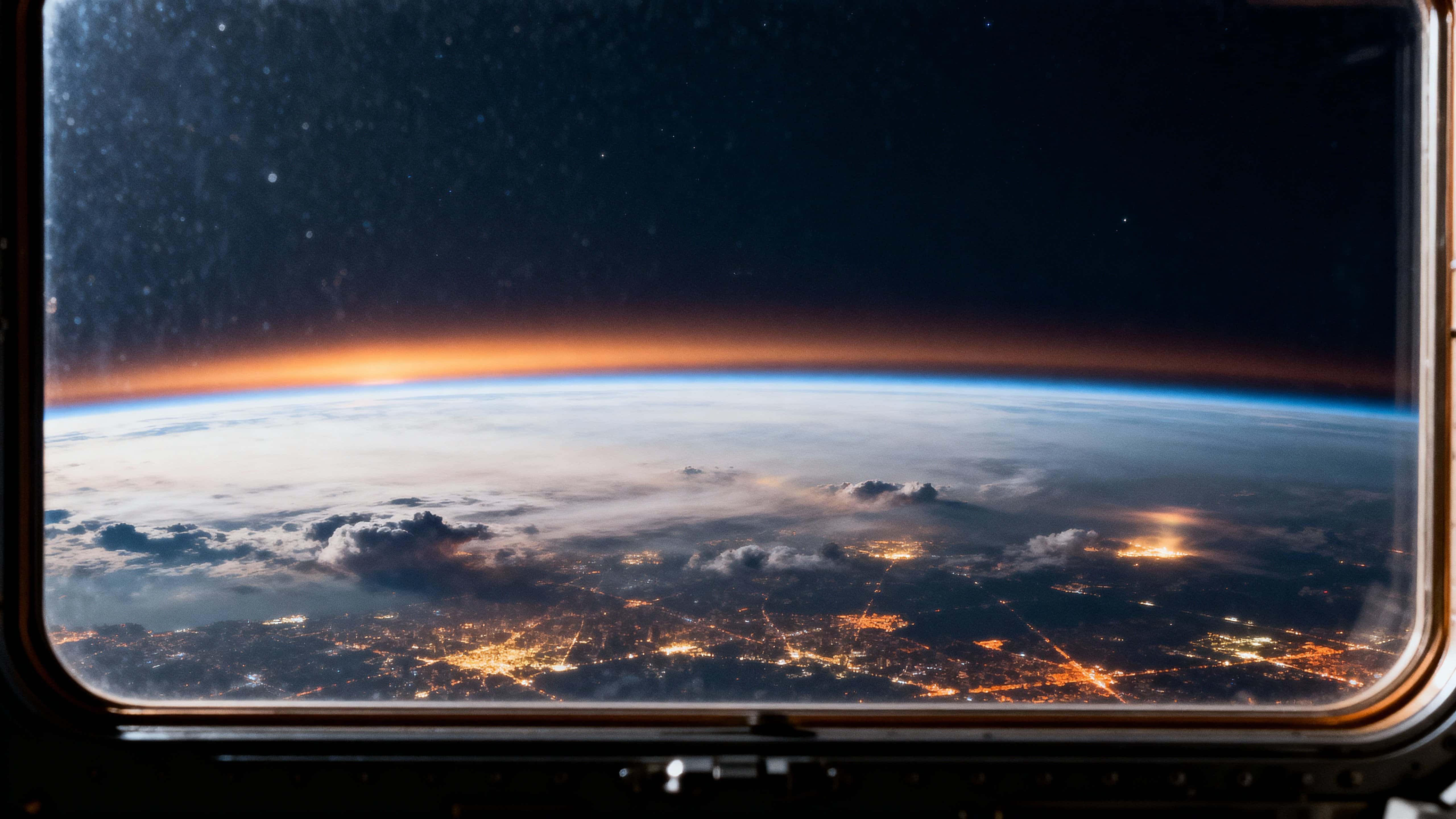 A low-orbit, eye-level view through a subtle spacecraft window frames Earth's curved horizon in 16:9, with glowing atmosphere, warm sunrise rim, and night-side city lights.