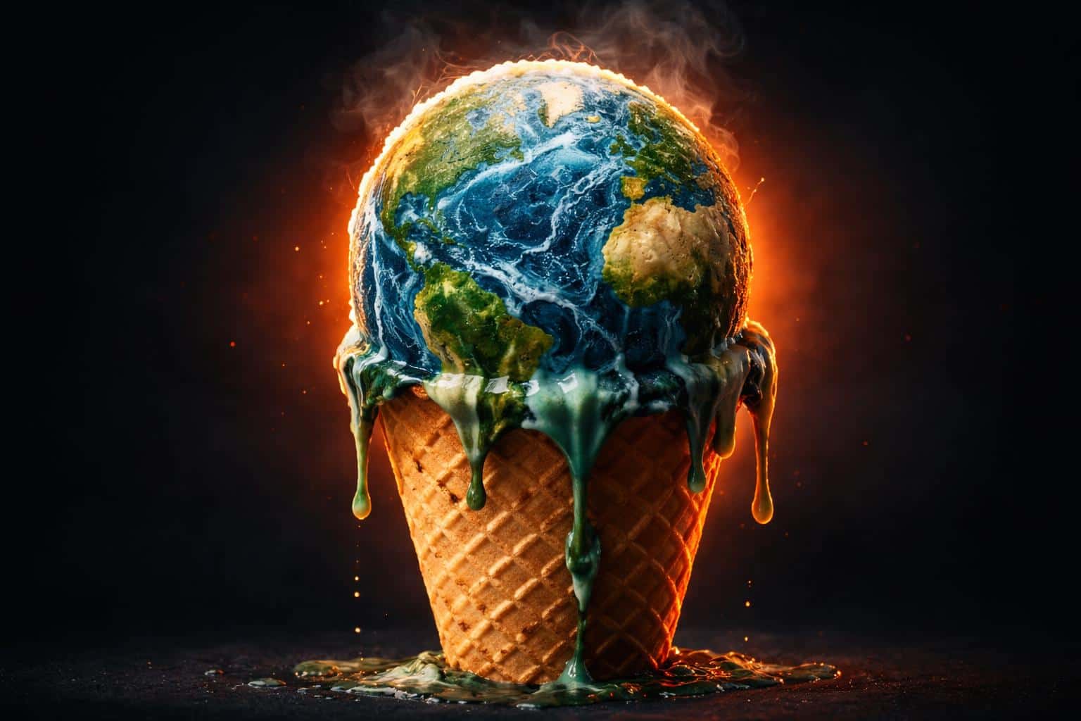 A striking conceptual image of the Earth as a melting ice cream scoop to symbolize climate change, presented as a professional macro product photograph.