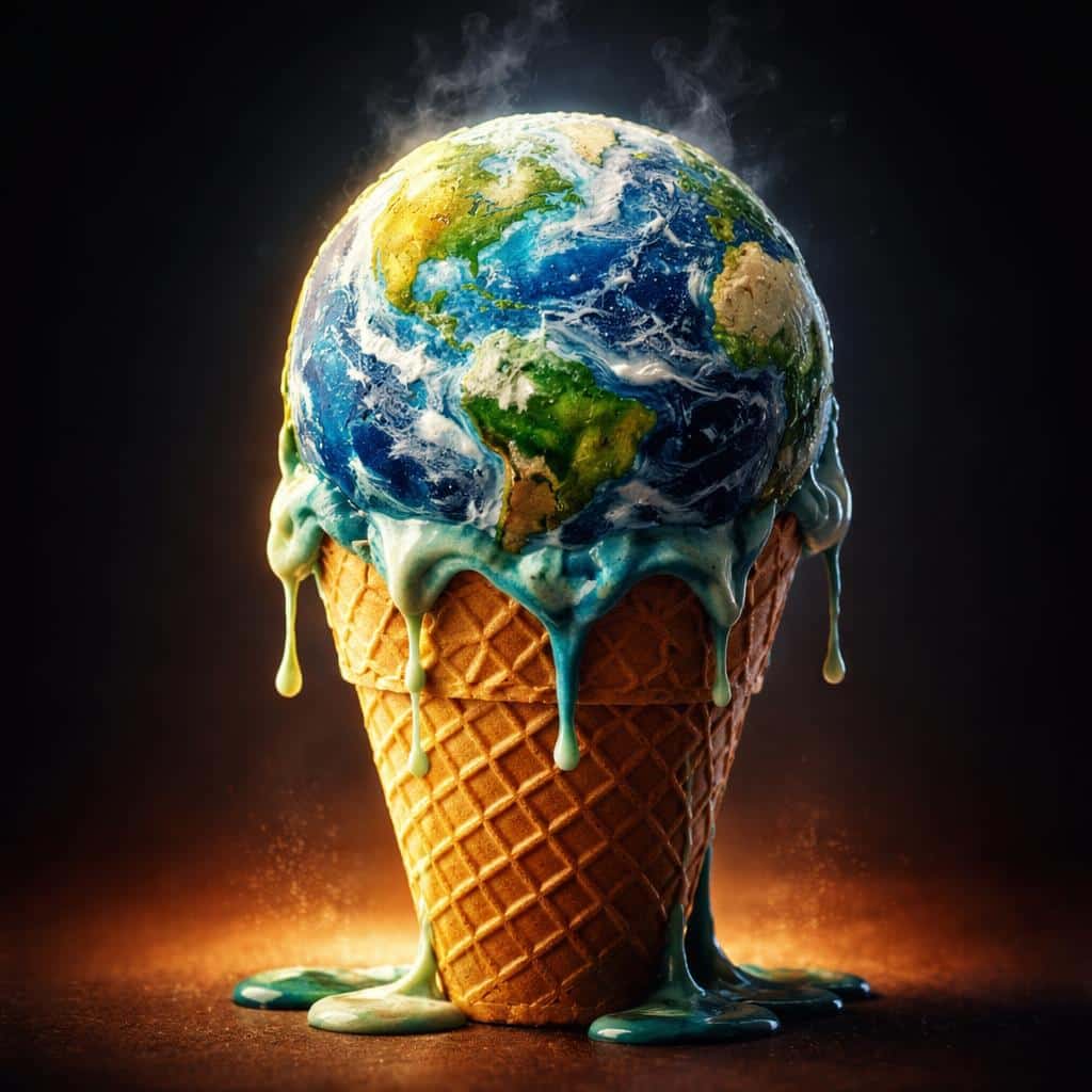 A surreal 3D render of planet Earth transformed into a melting ice cream scoop atop a waffle cone to represent global warming as a conceptual poster.