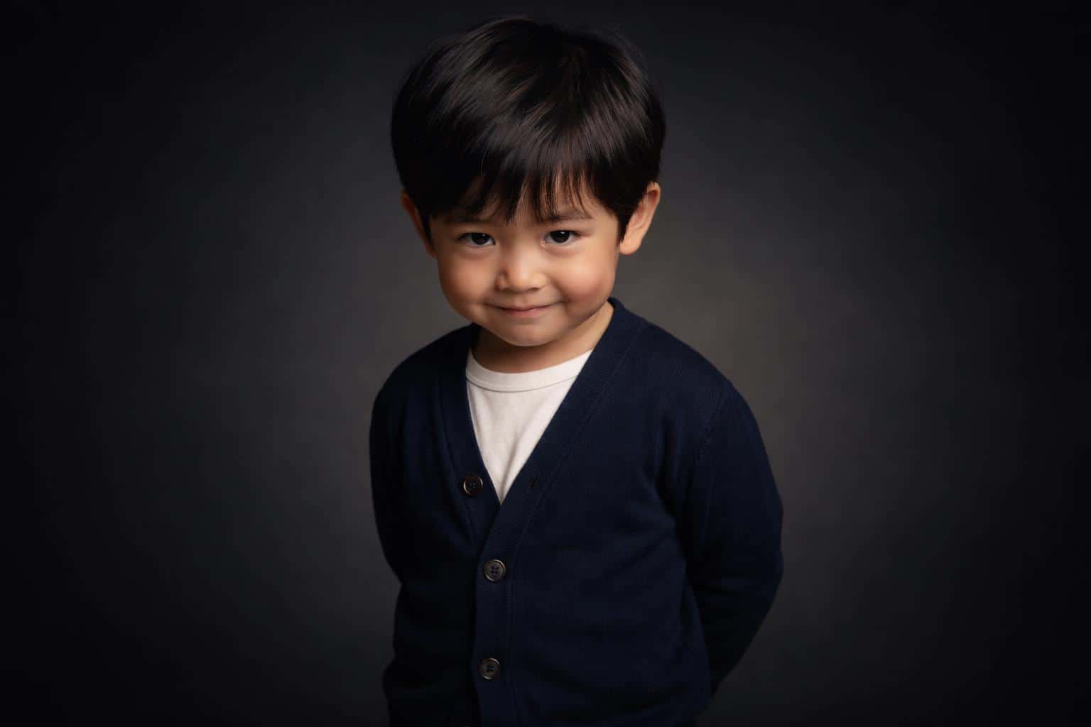 Wide 3:2 cinematic studio portrait of a four-year-old East Asian boy with straight black hair and light skin, smirking with chin tucked and hands clasped behind his back against a near-black gradient backdrop.