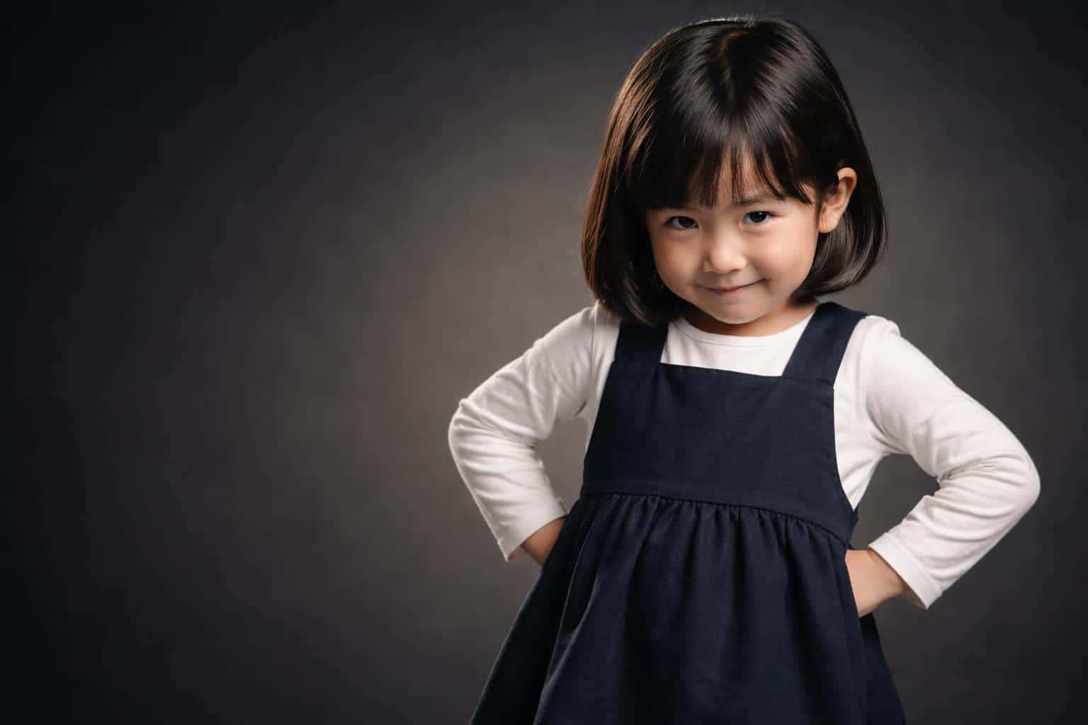 Wide 3:2 cinematic studio portrait of a four-year-old East Asian girl in a navy pinafore and white shirt, mischievous smirk, hands on hips, and a dark gradient backdrop.